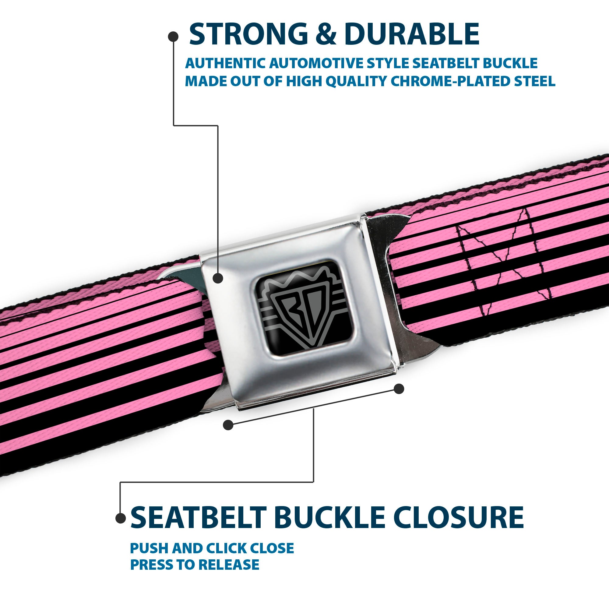 BD Wings Logo CLOSE-UP Full Color Black Silver Seatbelt Belt - Stripe Transition Black/Pink Webbing Seatbelt Belts Buckle-Down