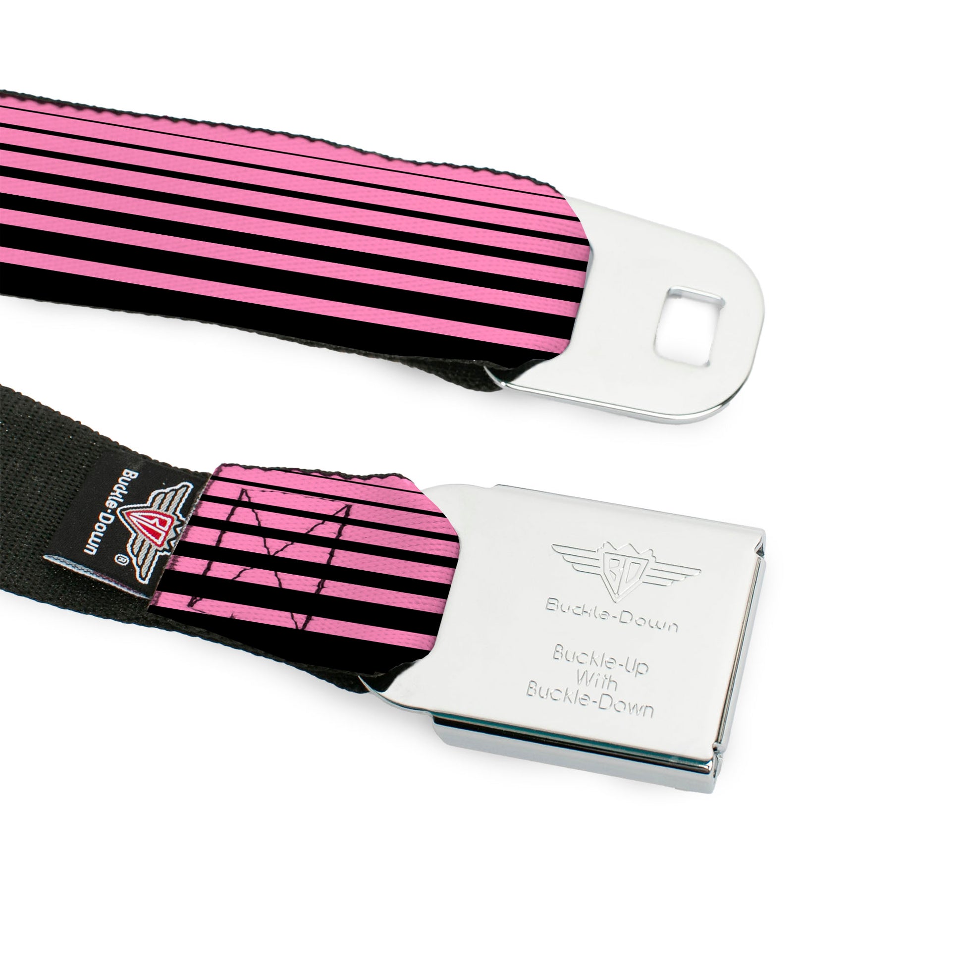 BD Wings Logo CLOSE-UP Full Color Black Silver Seatbelt Belt - Stripe Transition Black/Pink Webbing Seatbelt Belts Buckle-Down