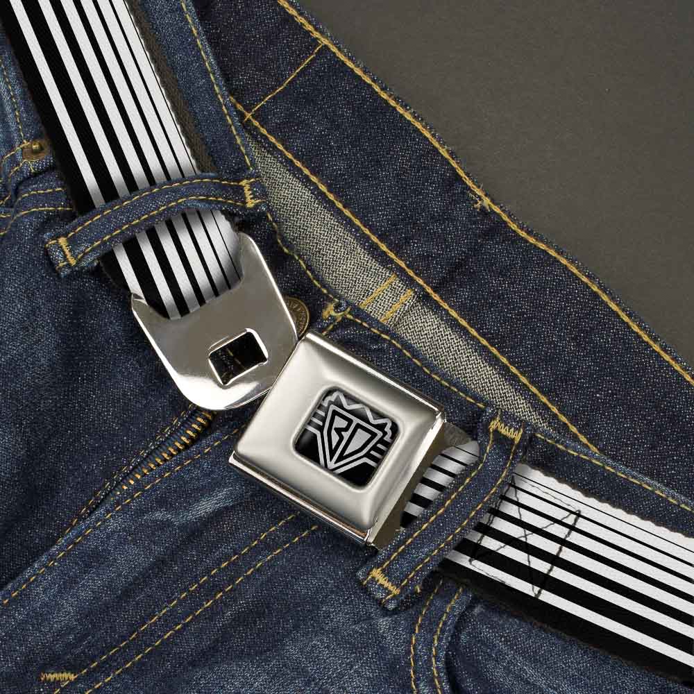 BD Wings Logo CLOSE-UP Full Color Black Silver Seatbelt Belt - Stripe Transition Black/White Webbing Seatbelt Belts Buckle-Down
