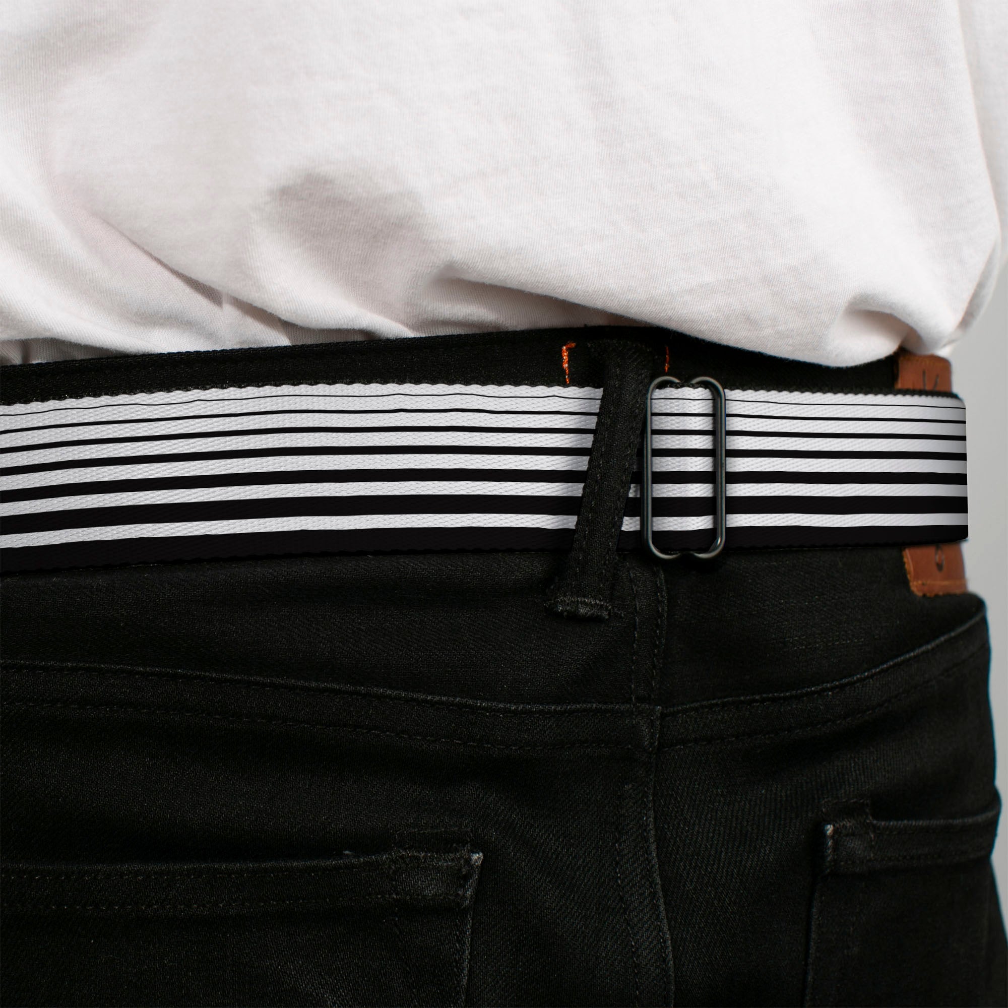 BD Wings Logo CLOSE-UP Full Color Black Silver Seatbelt Belt - Stripe Transition Black/White Webbing Seatbelt Belts Buckle-Down