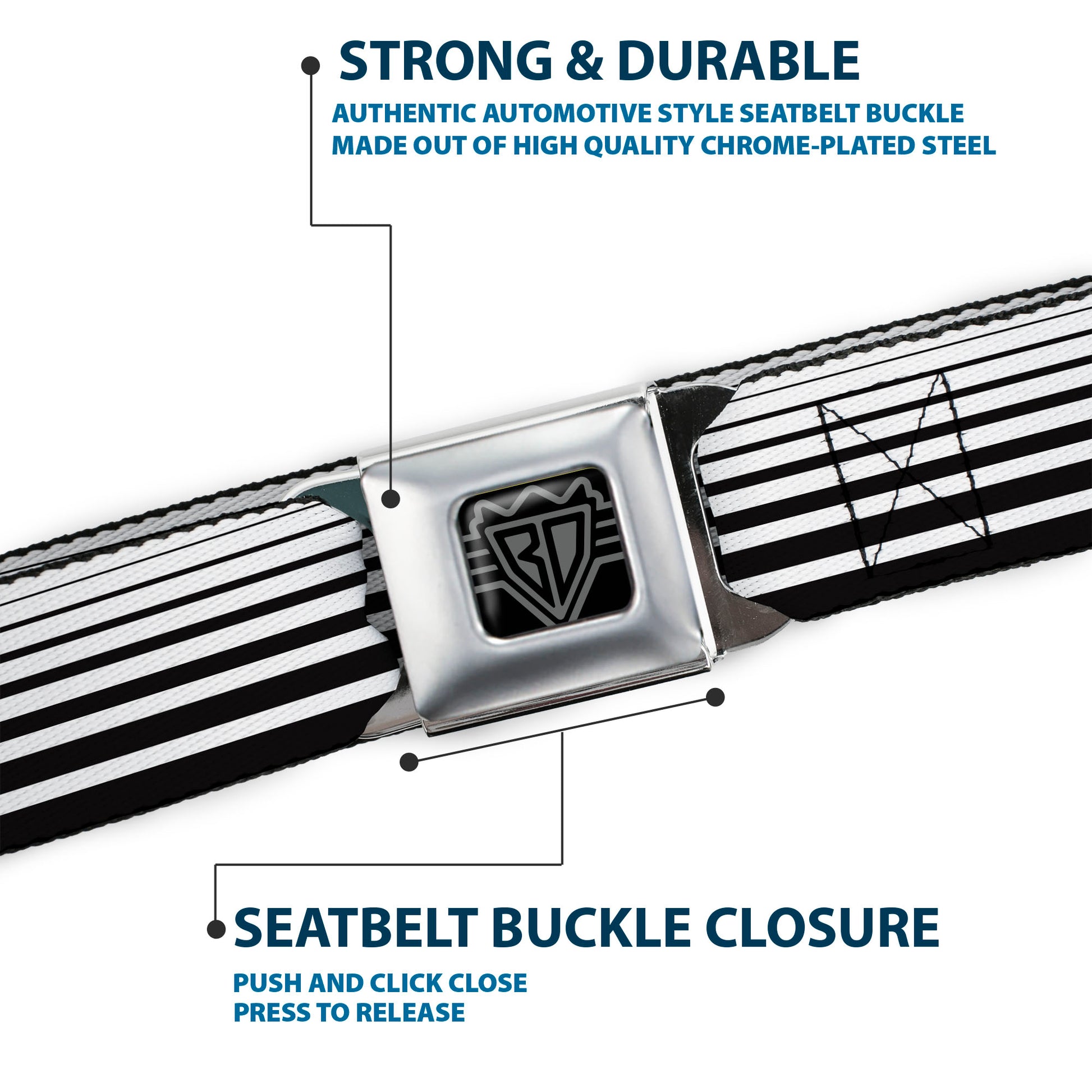 BD Wings Logo CLOSE-UP Full Color Black Silver Seatbelt Belt - Stripe Transition Black/White Webbing Seatbelt Belts Buckle-Down