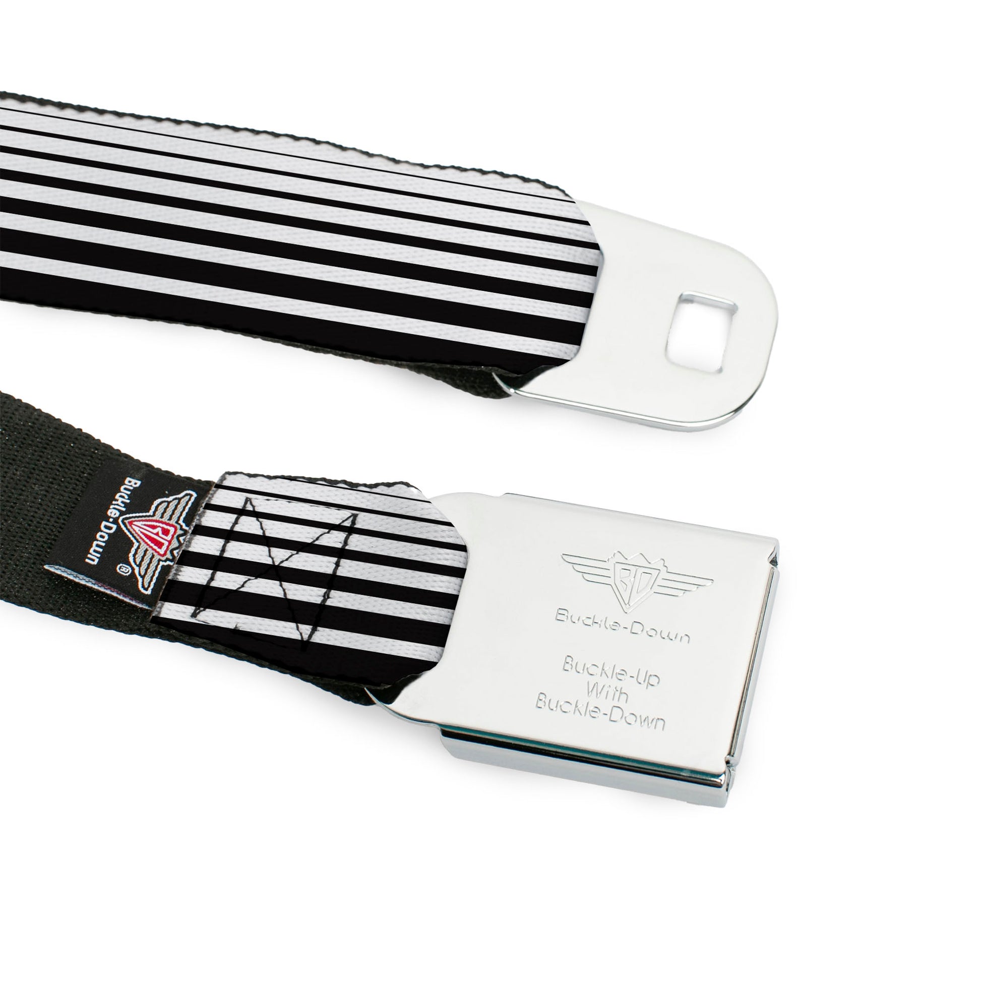 BD Wings Logo CLOSE-UP Full Color Black Silver Seatbelt Belt - Stripe Transition Black/White Webbing Seatbelt Belts Buckle-Down