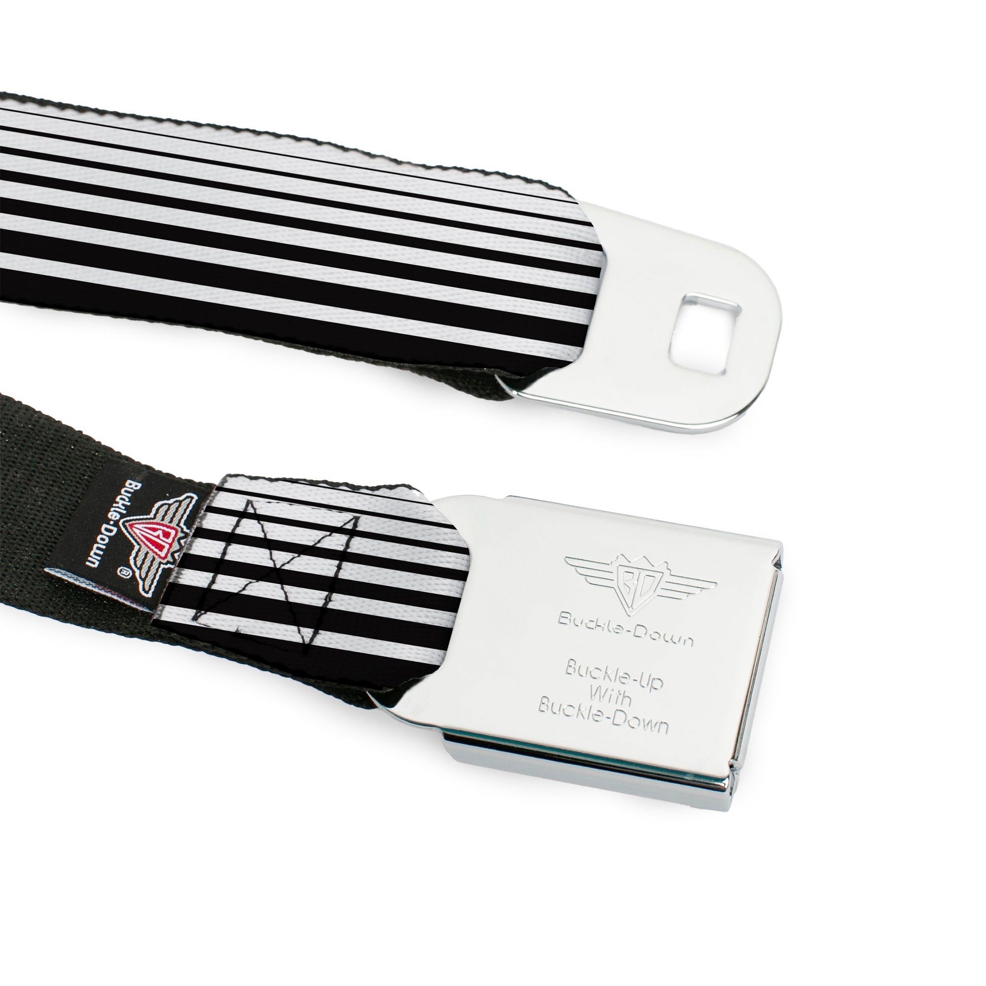 BD Wings Logo CLOSE-UP Full Color Black Silver Seatbelt Belt - Stripe Transition Black/White Webbing Seatbelt Belts Buckle-Down