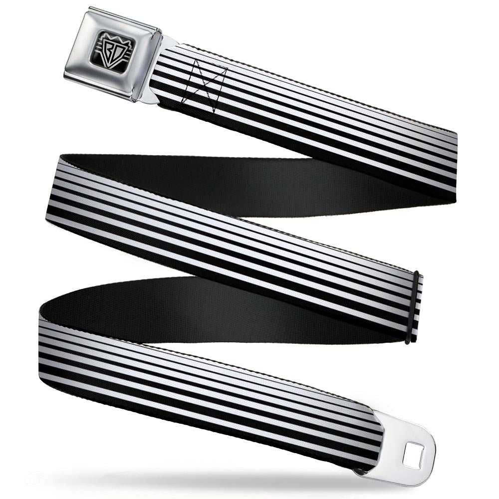 BD Wings Logo CLOSE-UP Full Color Black Silver Seatbelt Belt - Stripe Transition Black/White Webbing Seatbelt Belts Buckle-Down