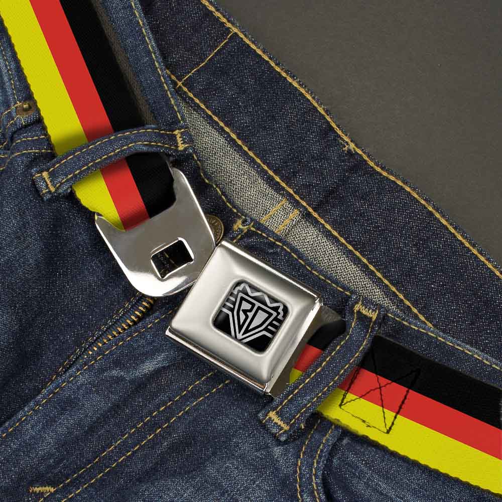 BD Wings Logo CLOSE-UP Full Color Black Silver Seatbelt Belt - Stripes Black/Red/Yellow Webbing Seatbelt Belts Buckle-Down