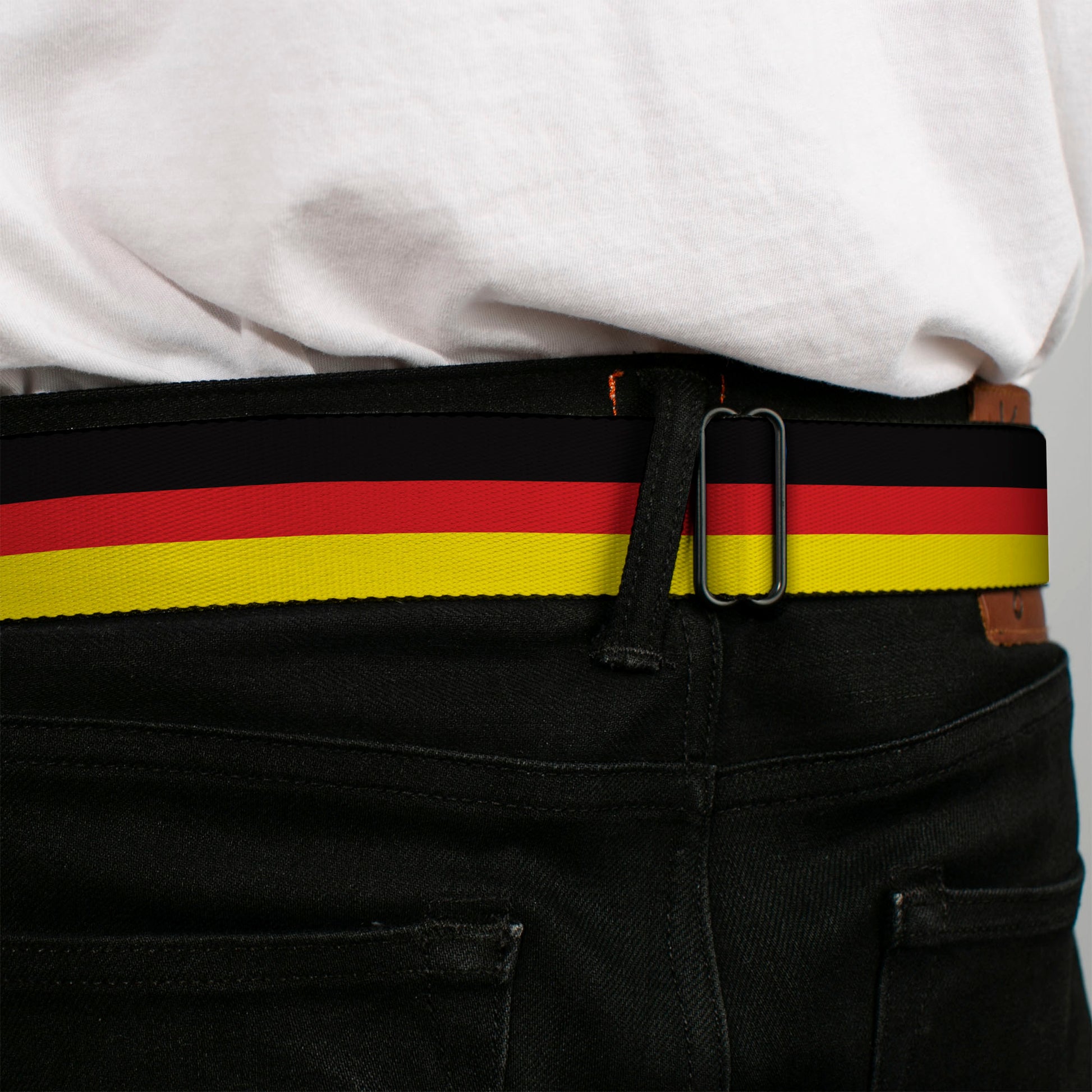 BD Wings Logo CLOSE-UP Full Color Black Silver Seatbelt Belt - Stripes Black/Red/Yellow Webbing Seatbelt Belts Buckle-Down