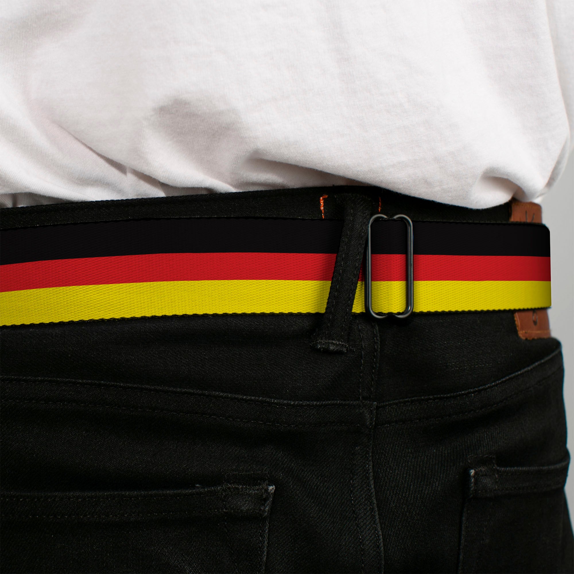 BD Wings Logo CLOSE-UP Full Color Black Silver Seatbelt Belt - Stripes Black/Red/Yellow Webbing Seatbelt Belts Buckle-Down
