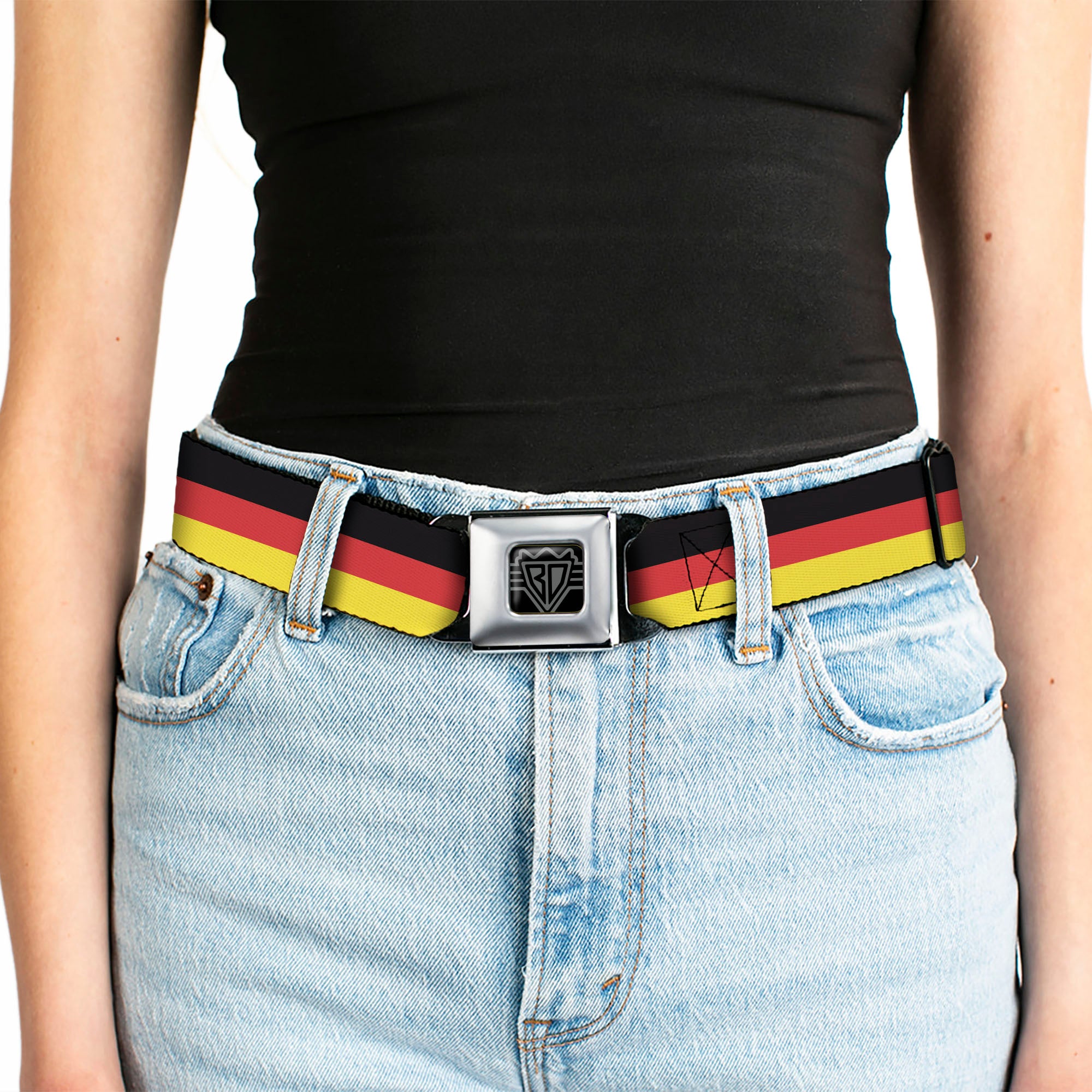 BD Wings Logo CLOSE-UP Full Color Black Silver Seatbelt Belt - Stripes Black/Red/Yellow Webbing Seatbelt Belts Buckle-Down
