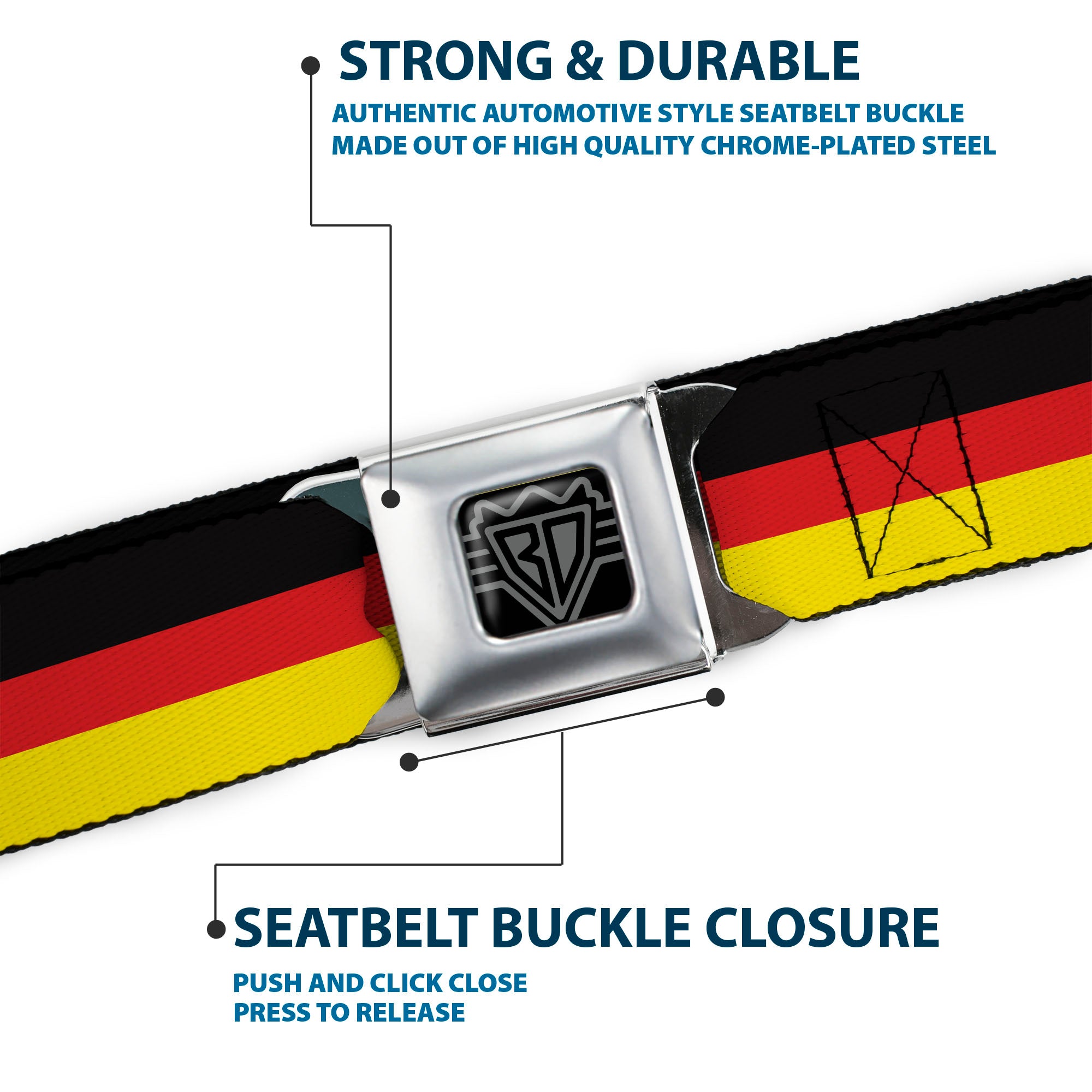 BD Wings Logo CLOSE-UP Full Color Black Silver Seatbelt Belt - Stripes Black/Red/Yellow Webbing Seatbelt Belts Buckle-Down