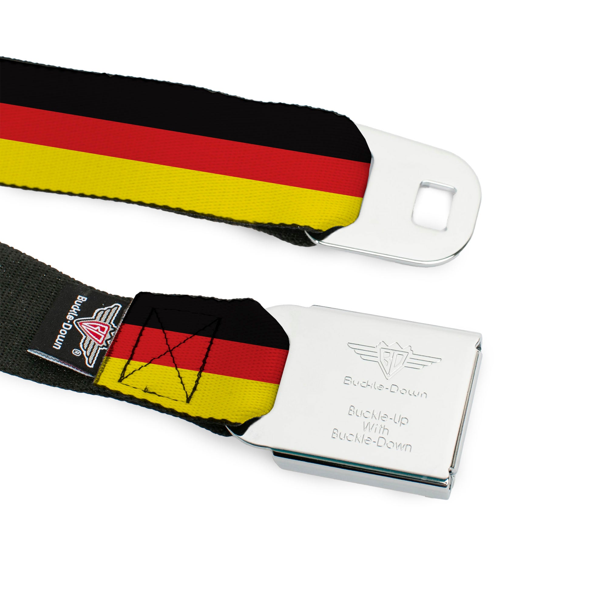 BD Wings Logo CLOSE-UP Full Color Black Silver Seatbelt Belt - Stripes Black/Red/Yellow Webbing Seatbelt Belts Buckle-Down