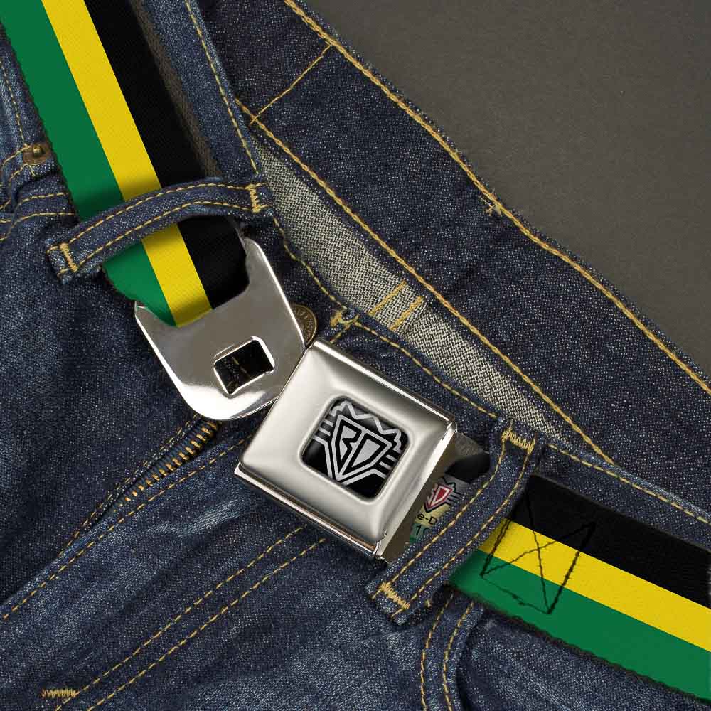 BD Wings Logo CLOSE-UP Full Color Black Silver Seatbelt Belt - Stripes Black/Yellow/Green Webbing Seatbelt Belts Buckle-Down
