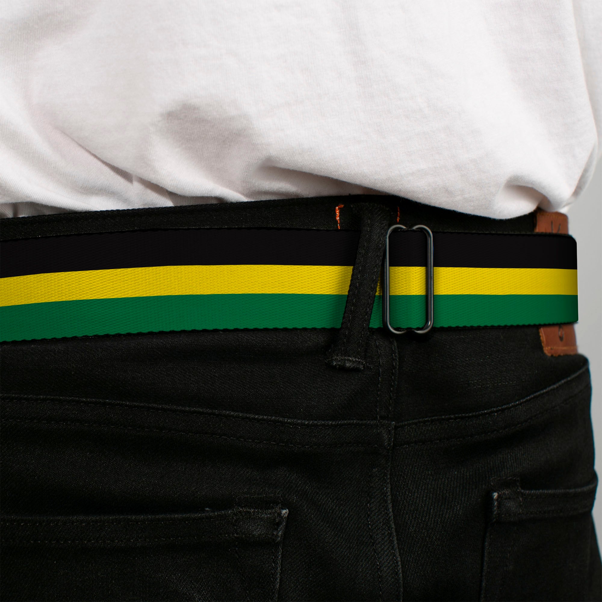 BD Wings Logo CLOSE-UP Full Color Black Silver Seatbelt Belt - Stripes Black/Yellow/Green Webbing Seatbelt Belts Buckle-Down