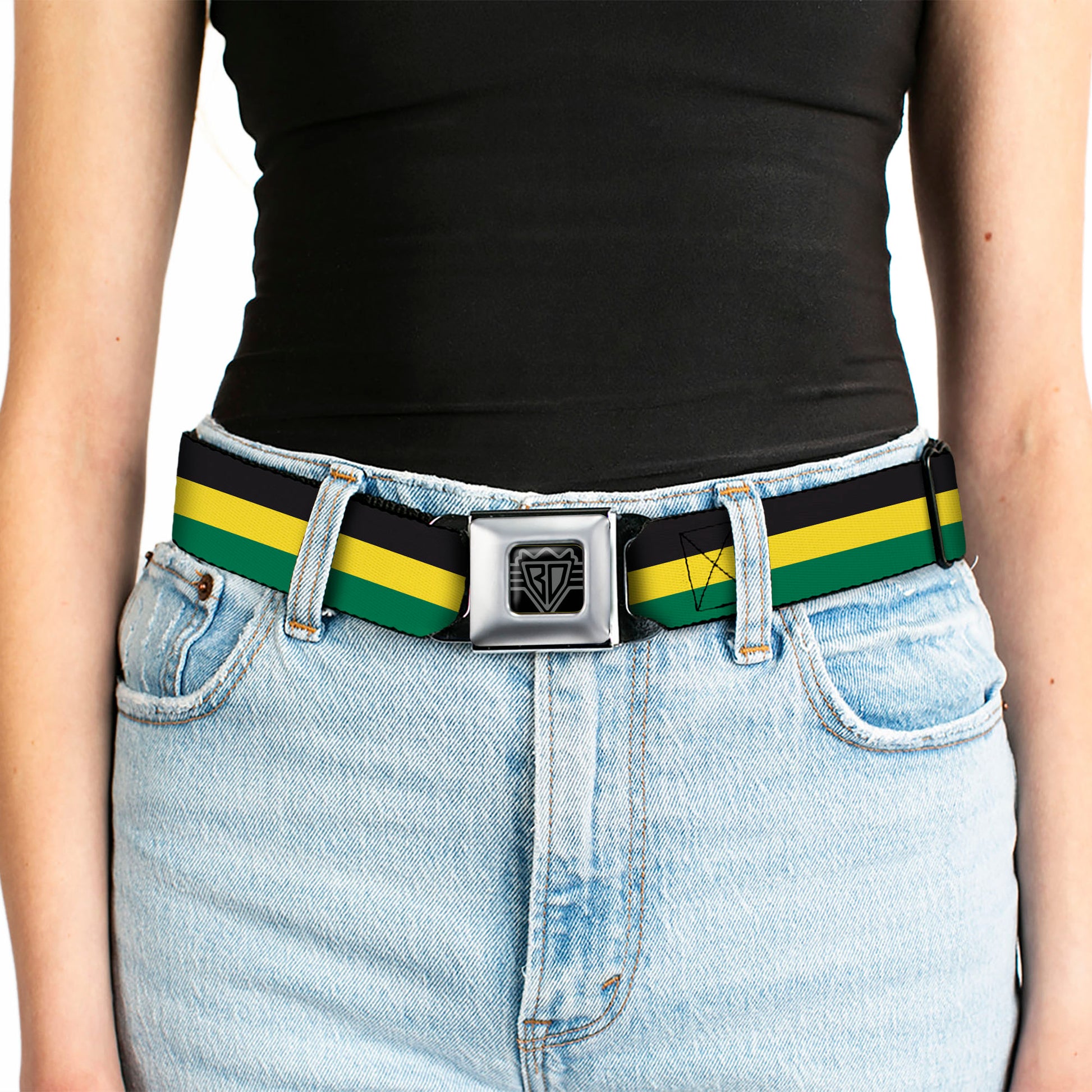 BD Wings Logo CLOSE-UP Full Color Black Silver Seatbelt Belt - Stripes Black/Yellow/Green Webbing Seatbelt Belts Buckle-Down