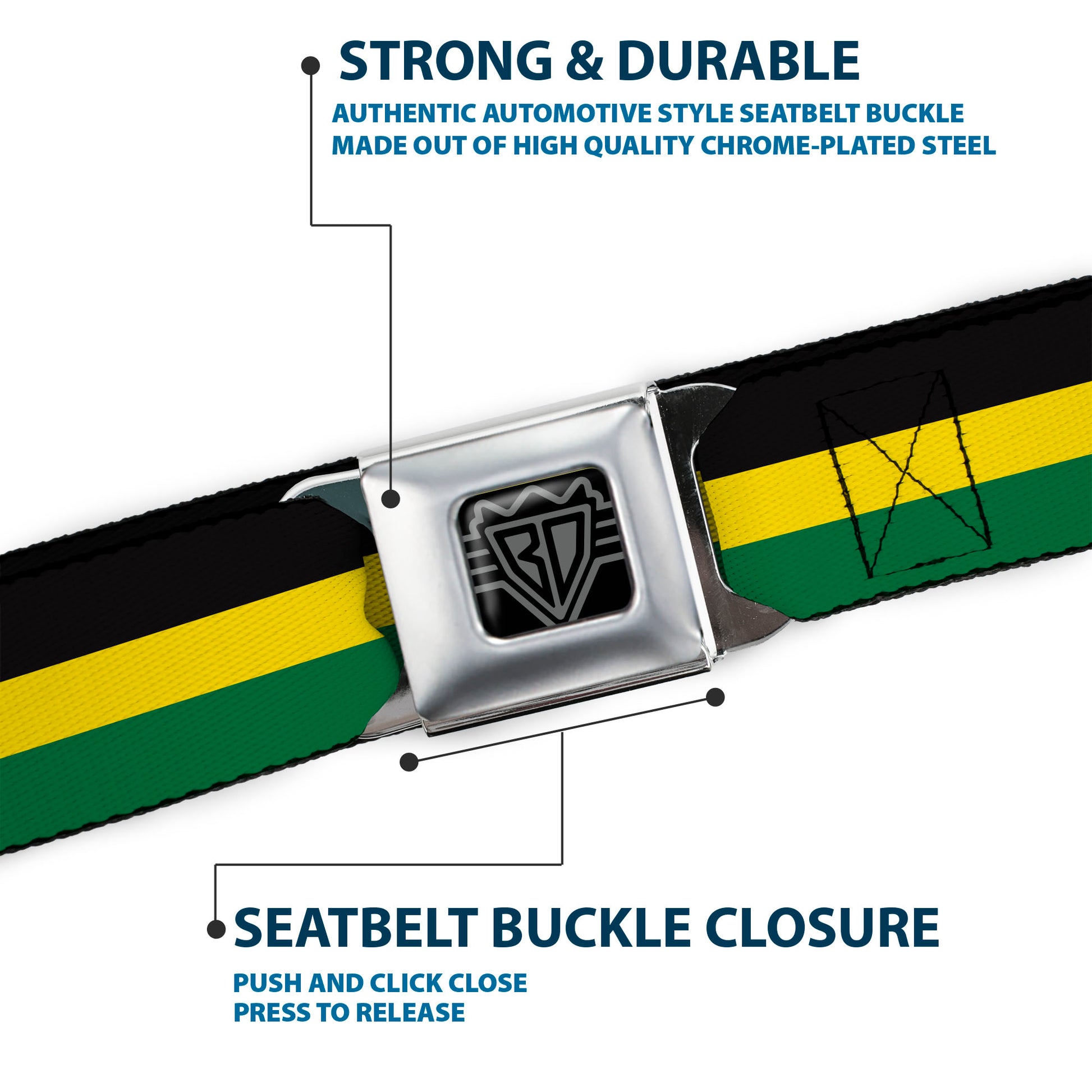 BD Wings Logo CLOSE-UP Full Color Black Silver Seatbelt Belt - Stripes Black/Yellow/Green Webbing Seatbelt Belts Buckle-Down