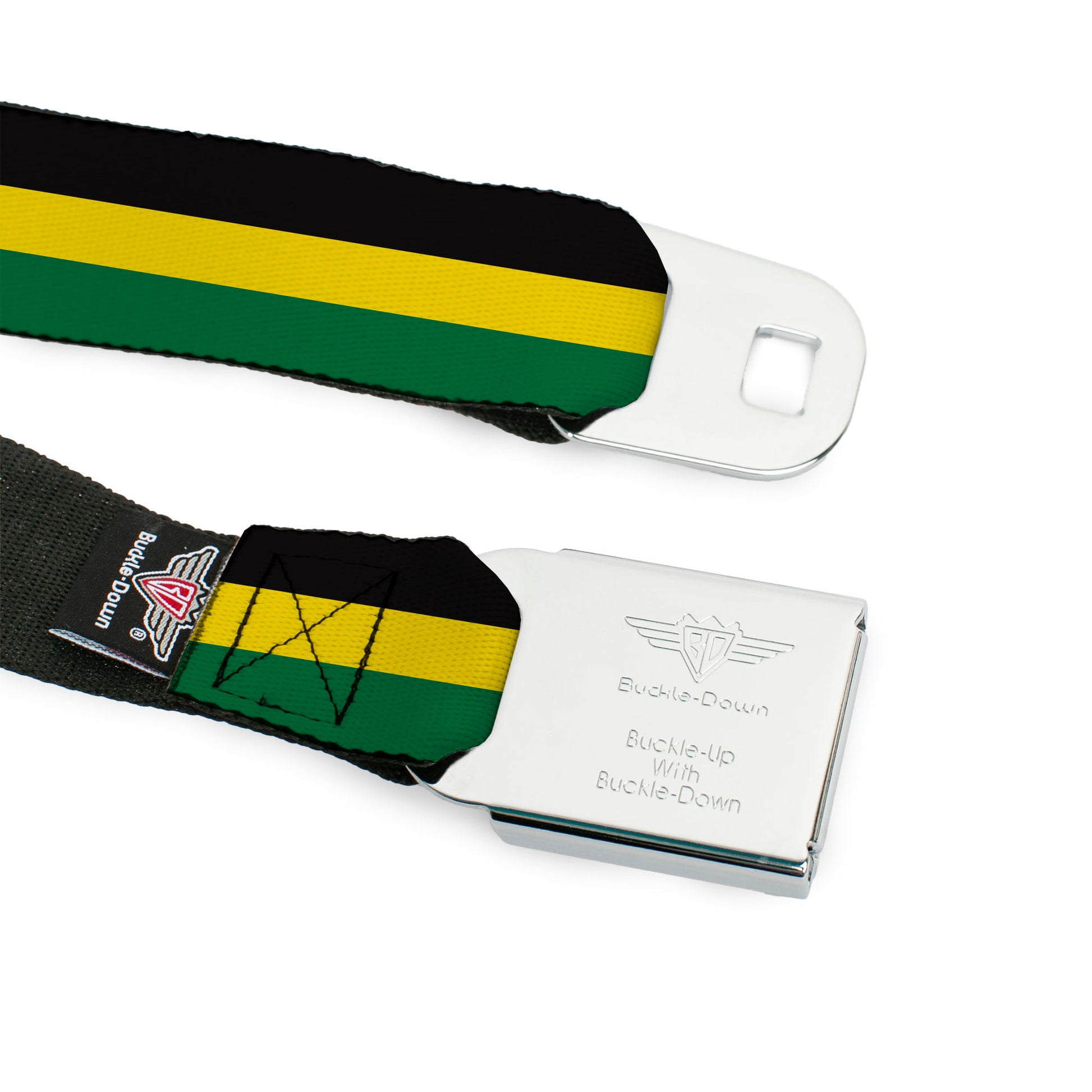 BD Wings Logo CLOSE-UP Full Color Black Silver Seatbelt Belt - Stripes Black/Yellow/Green Webbing Seatbelt Belts Buckle-Down