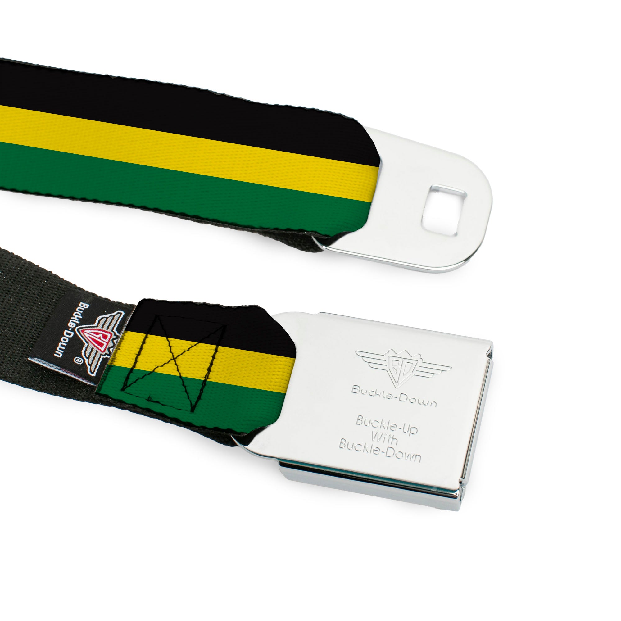 BD Wings Logo CLOSE-UP Full Color Black Silver Seatbelt Belt - Stripes Black/Yellow/Green Webbing Seatbelt Belts Buckle-Down
