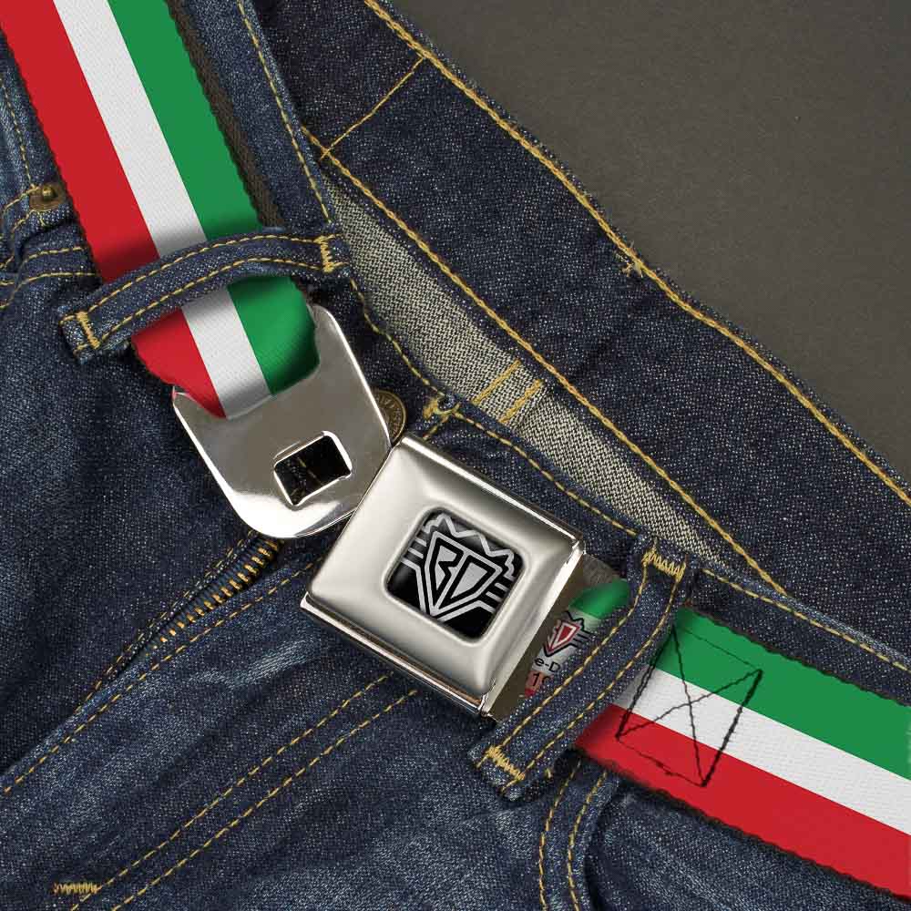BD Wings Logo CLOSE-UP Full Color Black Silver Seatbelt Belt - Stripes Green/White/Red Webbing Seatbelt Belts Buckle-Down