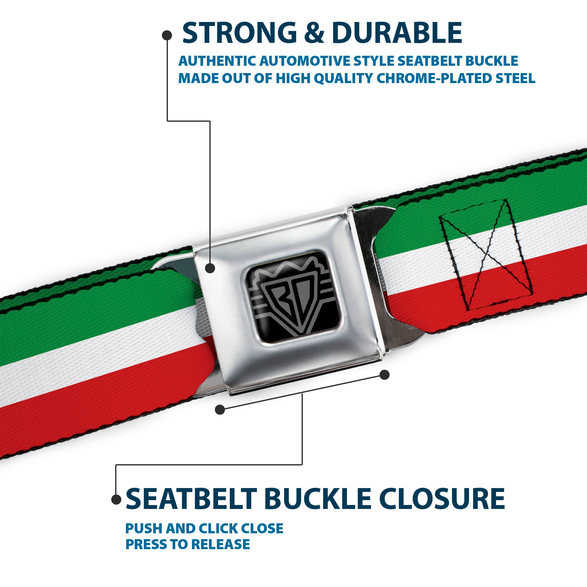 BD Wings Logo CLOSE-UP Full Color Black Silver Seatbelt Belt - Stripes Green/White/Red Webbing Seatbelt Belts Buckle-Down