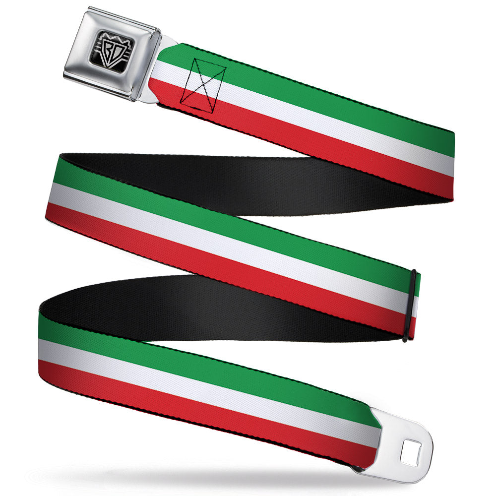 BD Wings Logo CLOSE-UP Full Color Black Silver Seatbelt Belt - Stripes Green/White/Red Webbing Seatbelt Belts Buckle-Down
