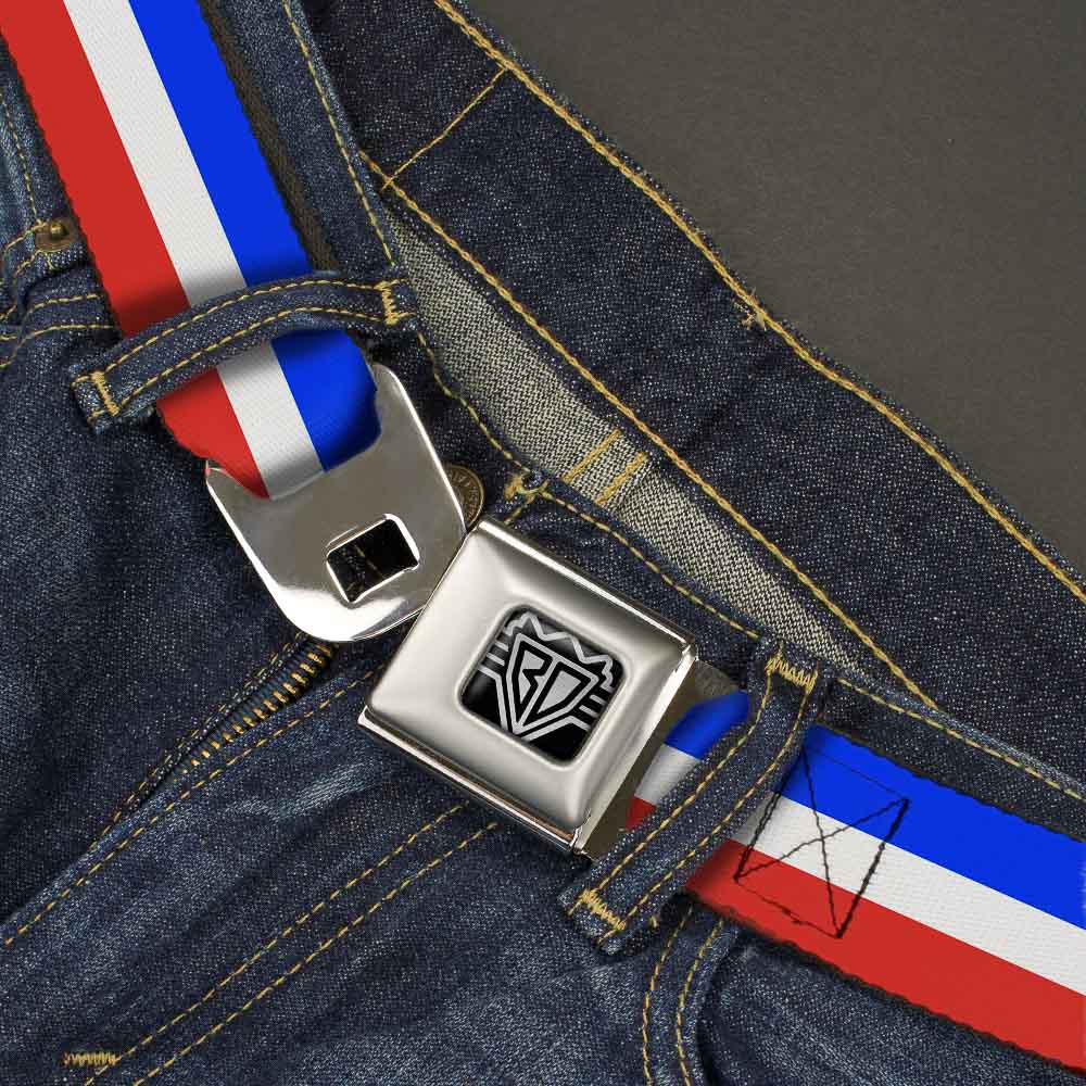 BD Wings Logo CLOSE-UP Full Color Black Silver Seatbelt Belt - Stripes Blue/White/Red Webbing Seatbelt Belts Buckle-Down