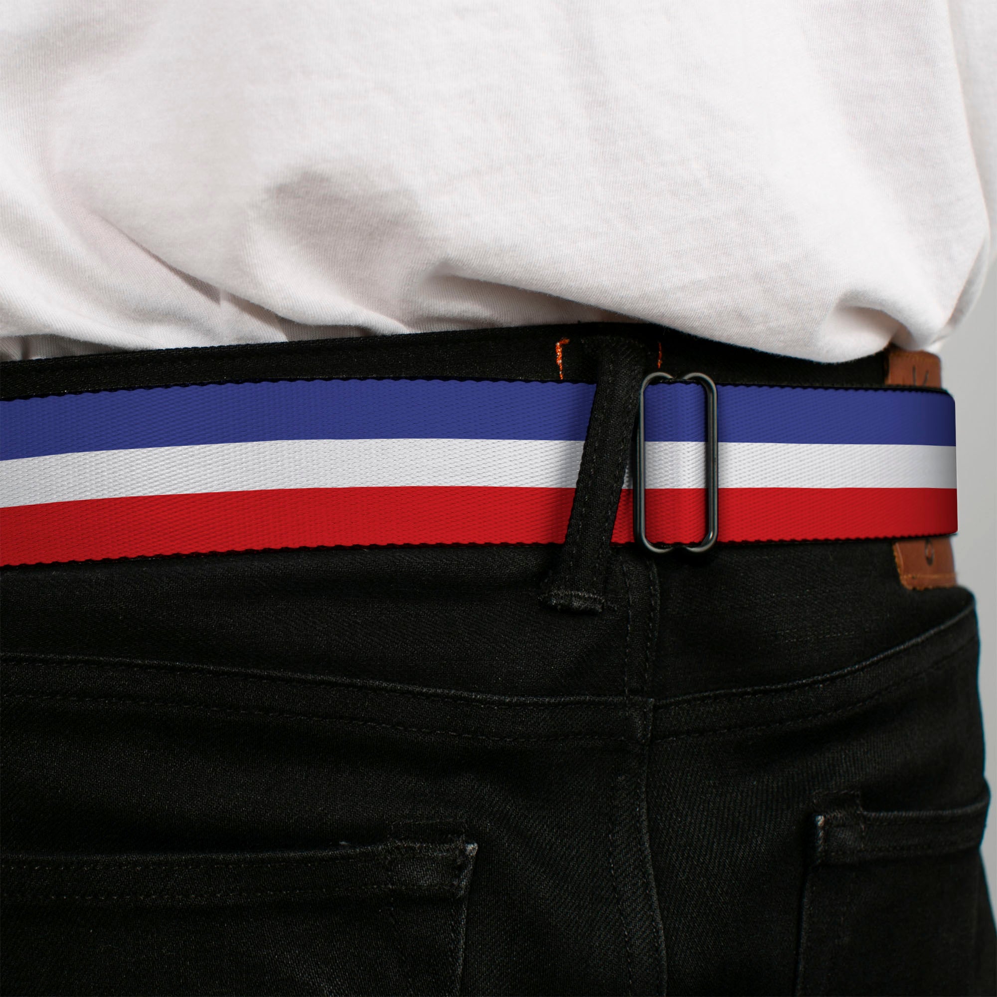 BD Wings Logo CLOSE-UP Full Color Black Silver Seatbelt Belt - Stripes Blue/White/Red Webbing Seatbelt Belts Buckle-Down