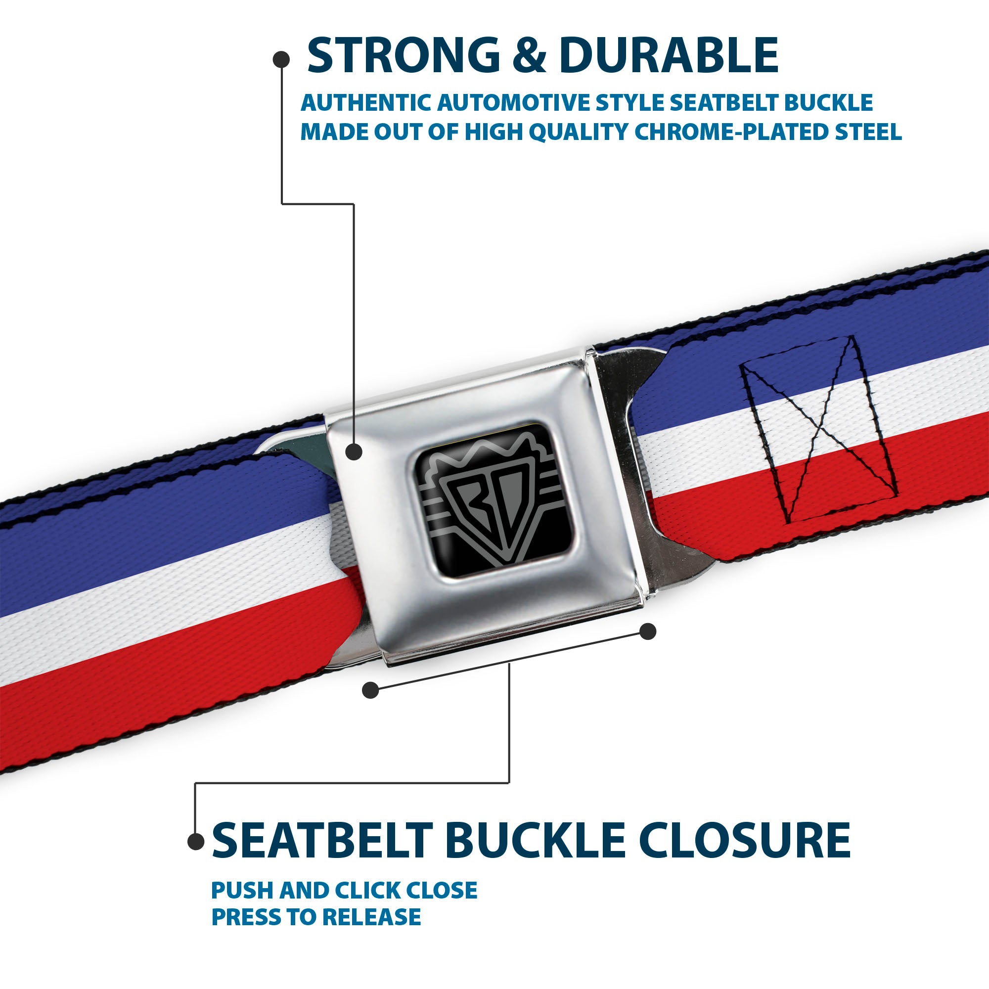 BD Wings Logo CLOSE-UP Full Color Black Silver Seatbelt Belt - Stripes Blue/White/Red Webbing Seatbelt Belts Buckle-Down