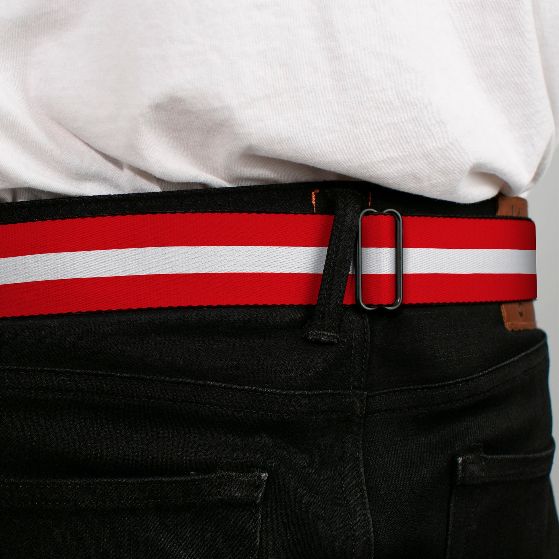 BD Wings Logo CLOSE-UP Full Color Black Silver Seatbelt Belt - Stripes Red/White/Red Webbing Seatbelt Belts Buckle-Down