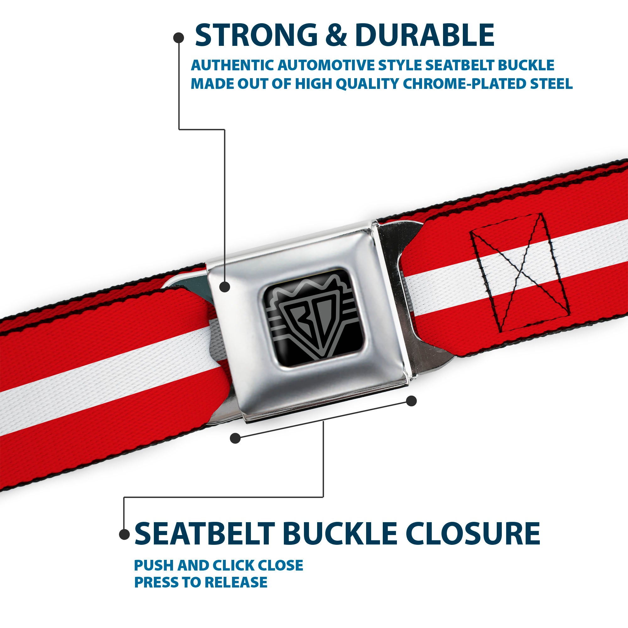 BD Wings Logo CLOSE-UP Full Color Black Silver Seatbelt Belt - Stripes Red/White/Red Webbing Seatbelt Belts Buckle-Down