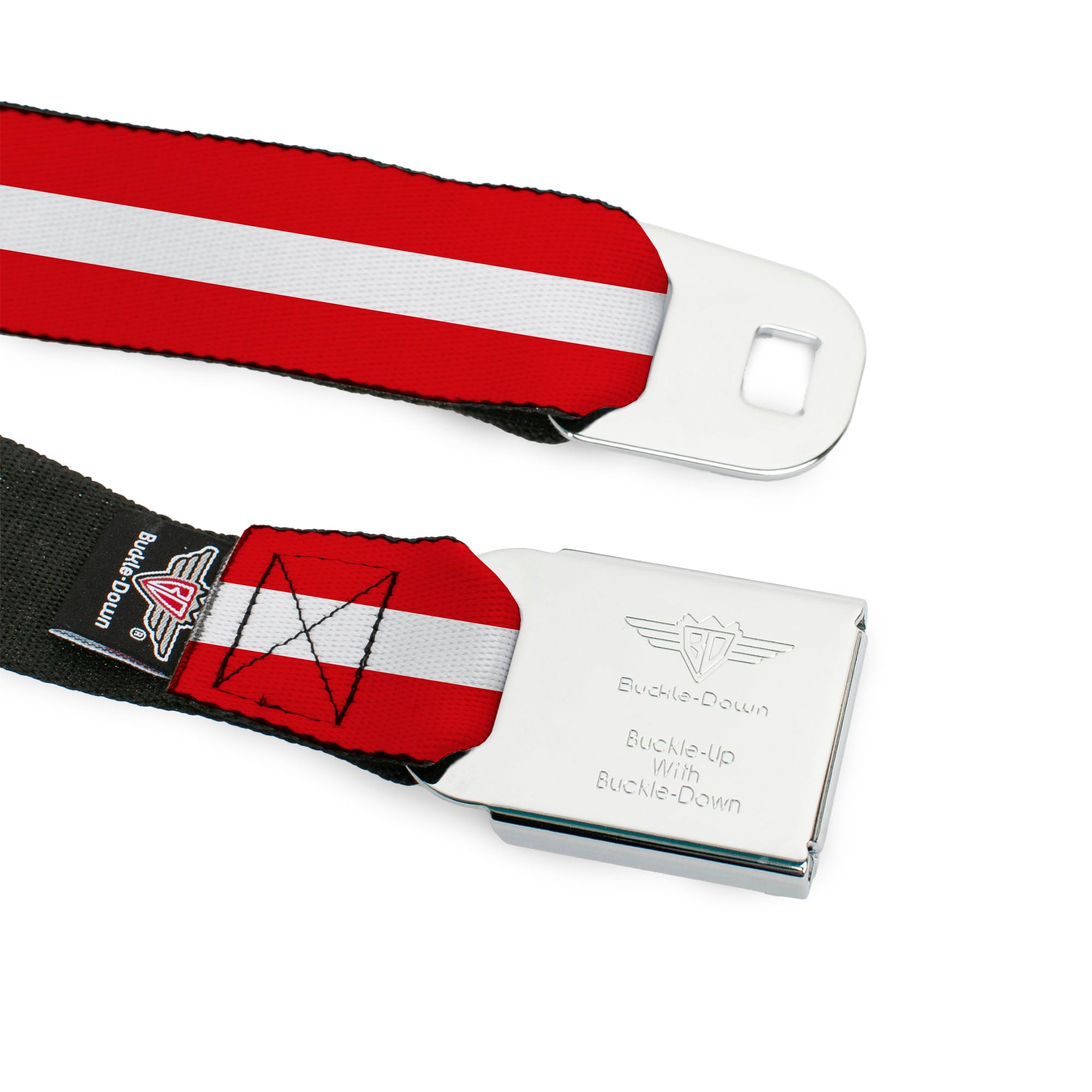 BD Wings Logo CLOSE-UP Full Color Black Silver Seatbelt Belt - Stripes Red/White/Red Webbing Seatbelt Belts Buckle-Down