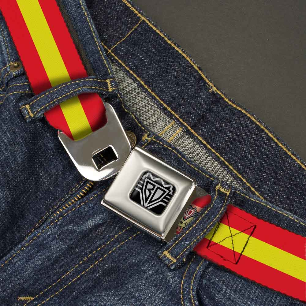BD Wings Logo CLOSE-UP Full Color Black Silver Seatbelt Belt - Stripes Red/Yellow/Red Webbing Seatbelt Belts Buckle-Down