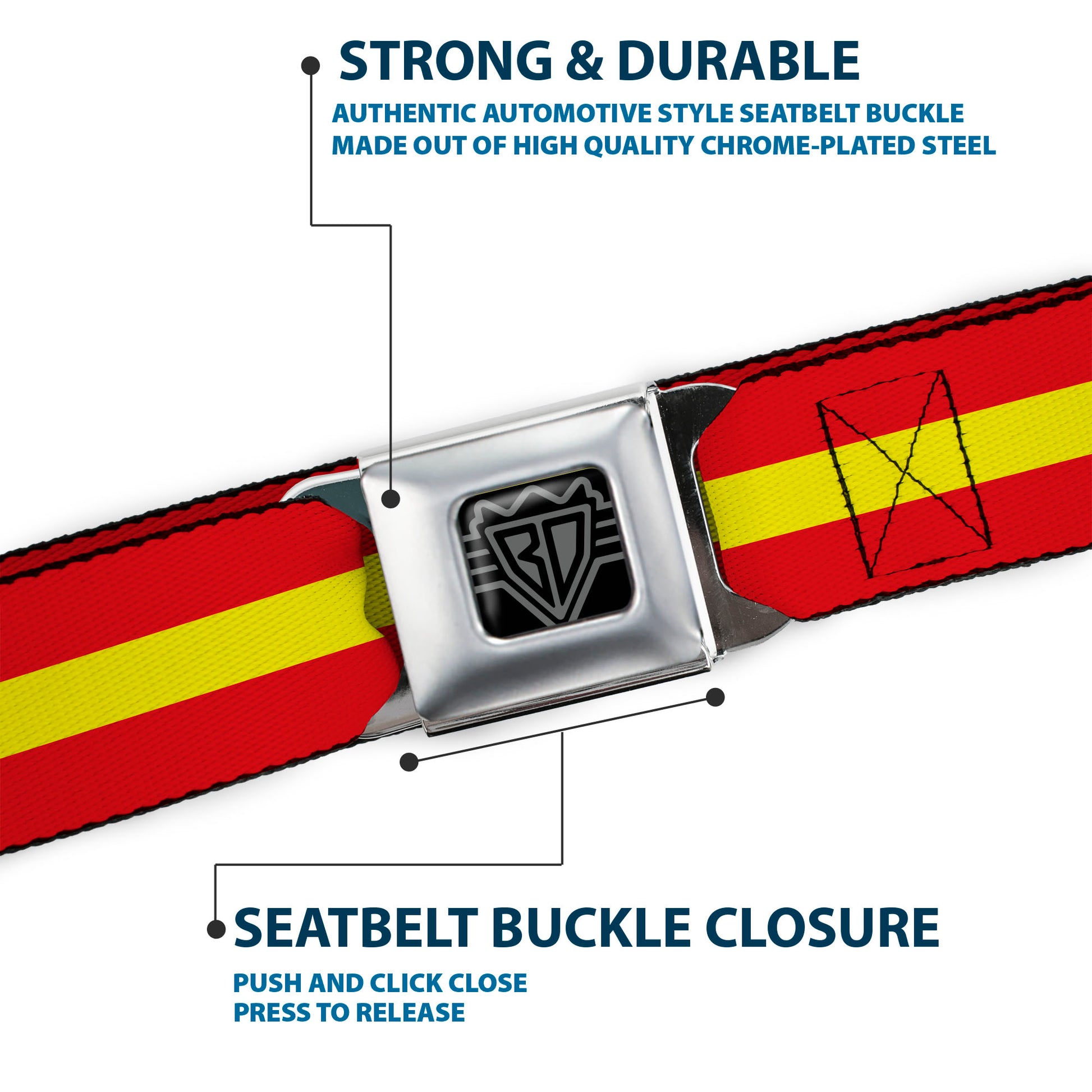 BD Wings Logo CLOSE-UP Full Color Black Silver Seatbelt Belt - Stripes Red/Yellow/Red Webbing Seatbelt Belts Buckle-Down