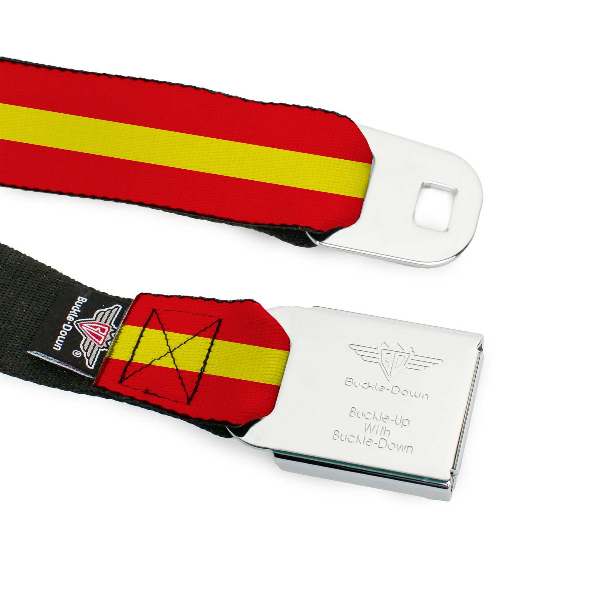 BD Wings Logo CLOSE-UP Full Color Black Silver Seatbelt Belt - Stripes Red/Yellow/Red Webbing Seatbelt Belts Buckle-Down