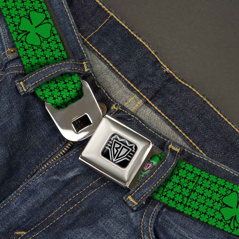 BD Wings Logo CLOSE-UP Full Color Black Silver Seatbelt Belt - St. Pat's Clovers/Green Webbing Seatbelt Belts Buckle-Down
