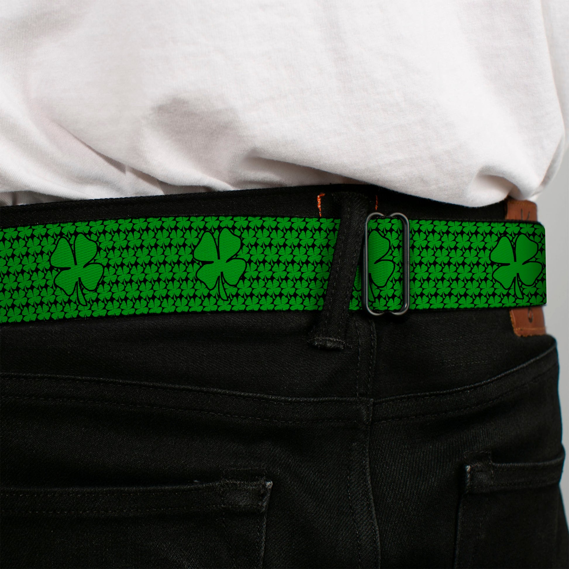 BD Wings Logo CLOSE-UP Full Color Black Silver Seatbelt Belt - St. Pat's Clovers/Green Webbing Seatbelt Belts Buckle-Down