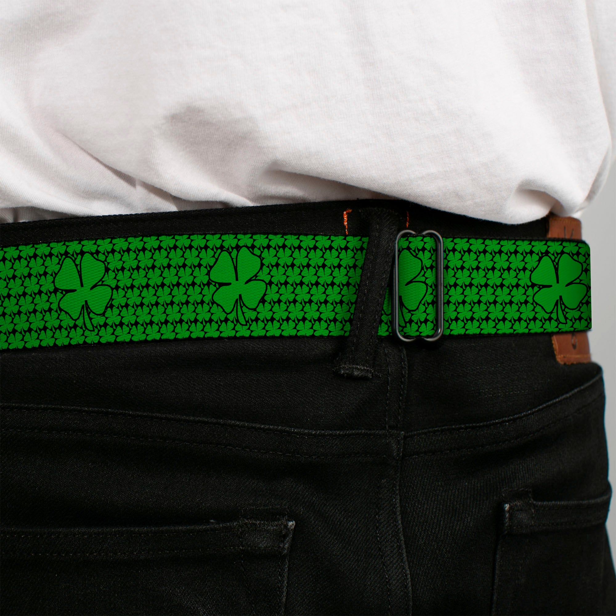 BD Wings Logo CLOSE-UP Full Color Black Silver Seatbelt Belt - St. Pat's Clovers/Green Webbing Seatbelt Belts Buckle-Down