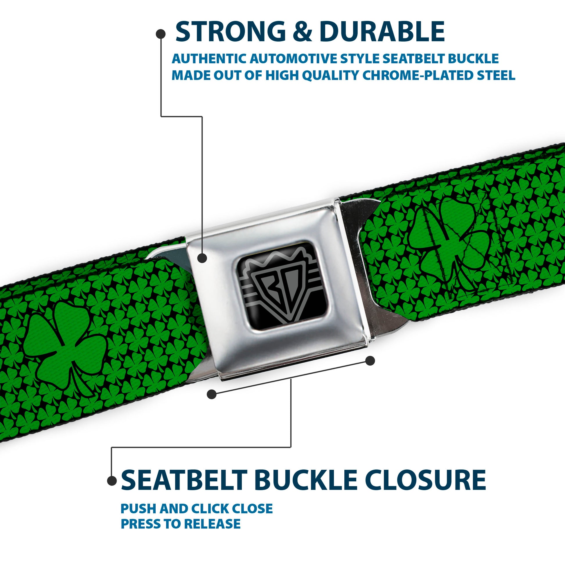 BD Wings Logo CLOSE-UP Full Color Black Silver Seatbelt Belt - St. Pat's Clovers/Green Webbing Seatbelt Belts Buckle-Down