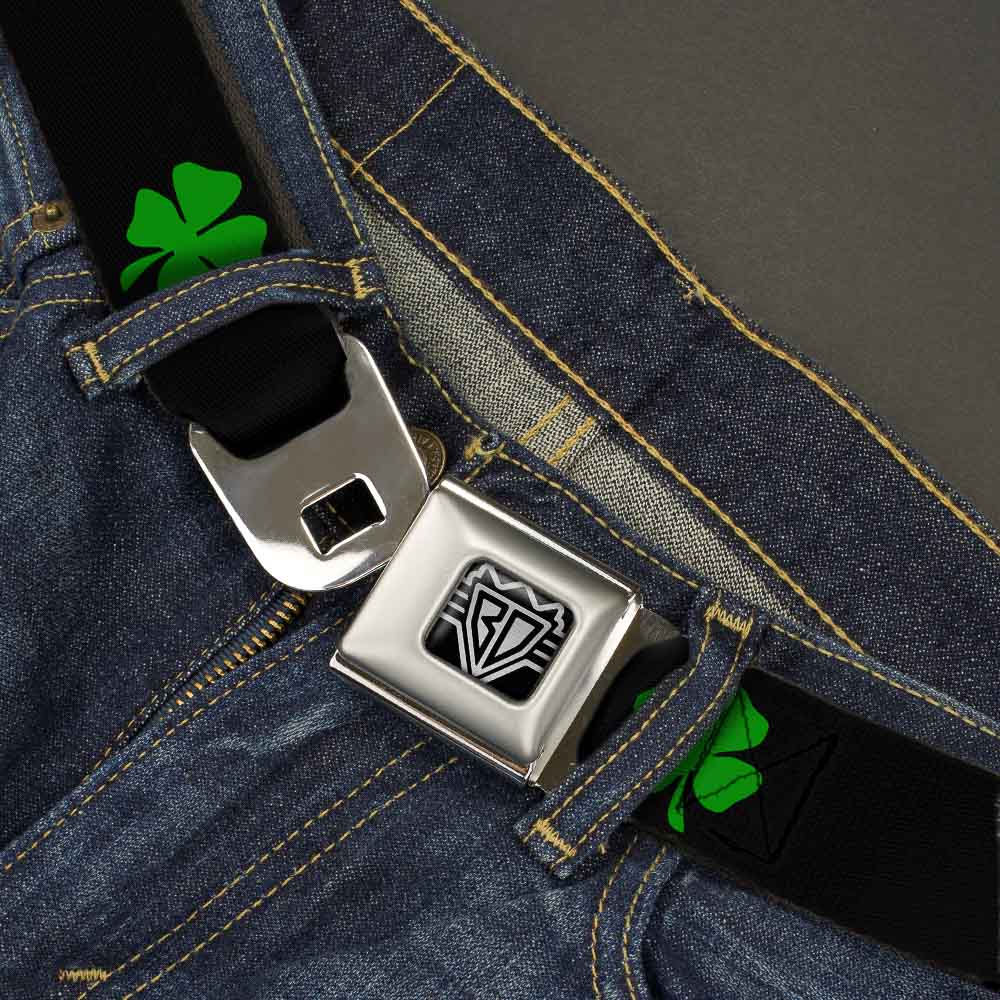 BD Wings Logo CLOSE-UP Full Color Black Silver Seatbelt Belt - St. Pat's Black/Green Webbing Seatbelt Belts Buckle-Down