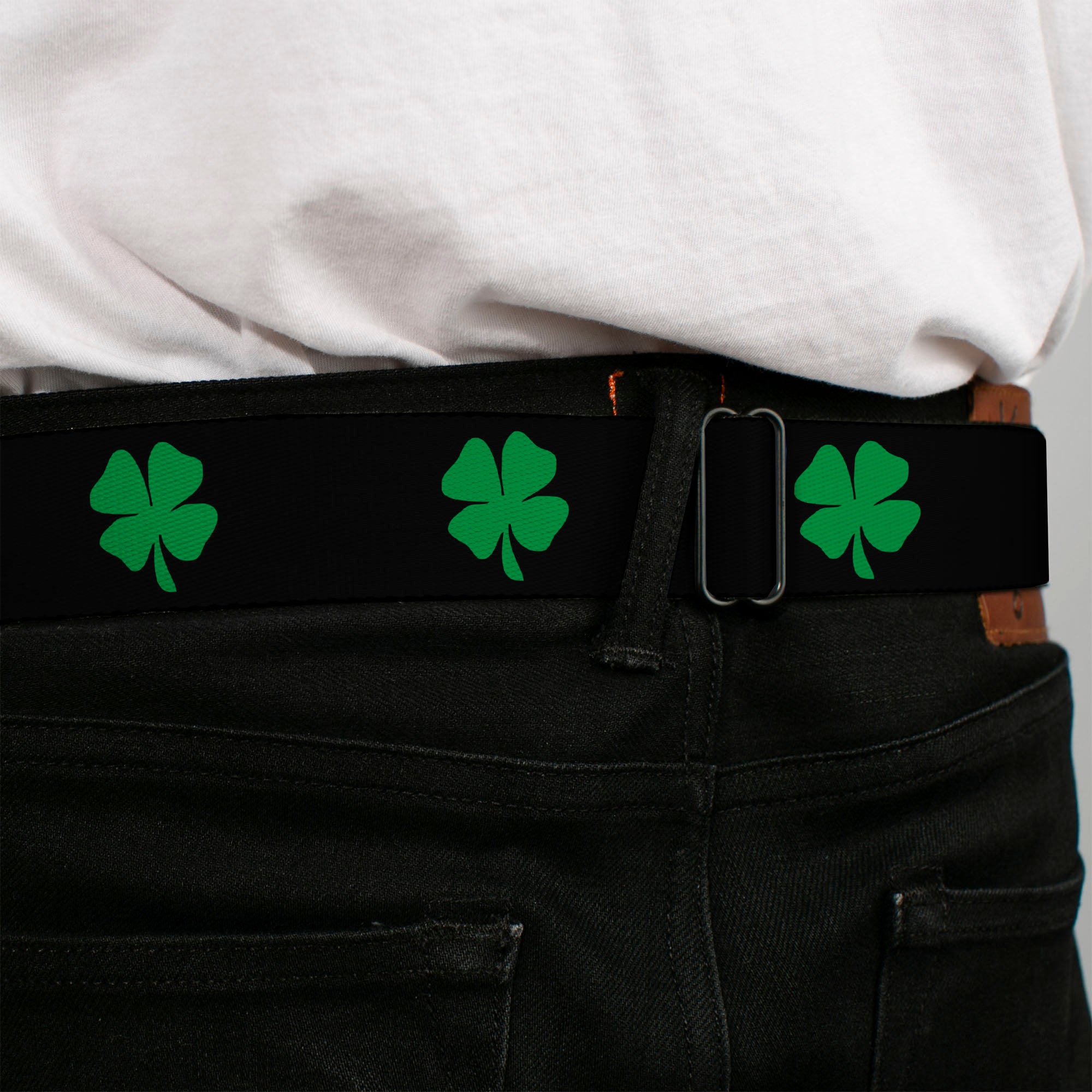 BD Wings Logo CLOSE-UP Full Color Black Silver Seatbelt Belt - St. Pat's Black/Green Webbing Seatbelt Belts Buckle-Down