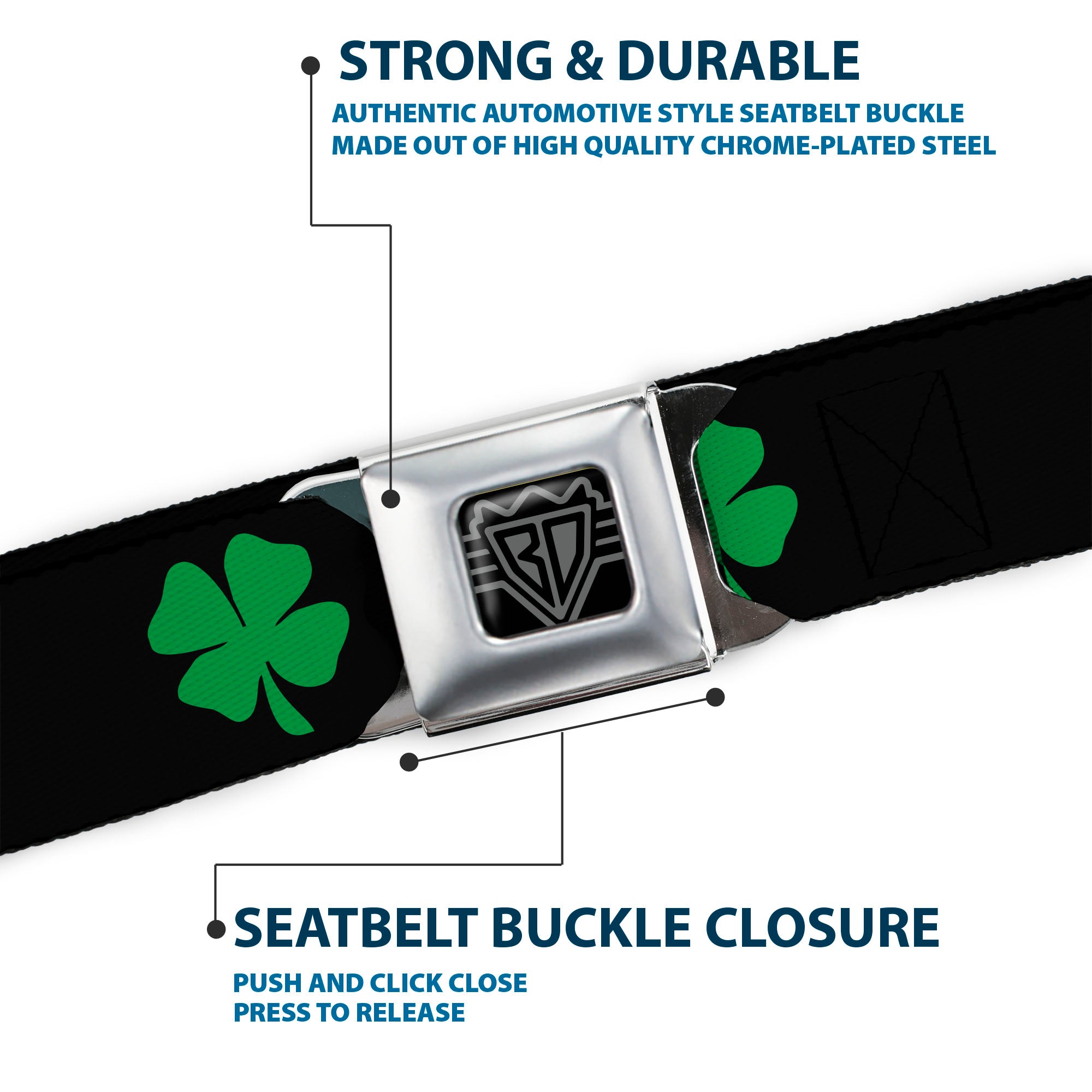 BD Wings Logo CLOSE-UP Full Color Black Silver Seatbelt Belt - St. Pat's Black/Green Webbing Seatbelt Belts Buckle-Down