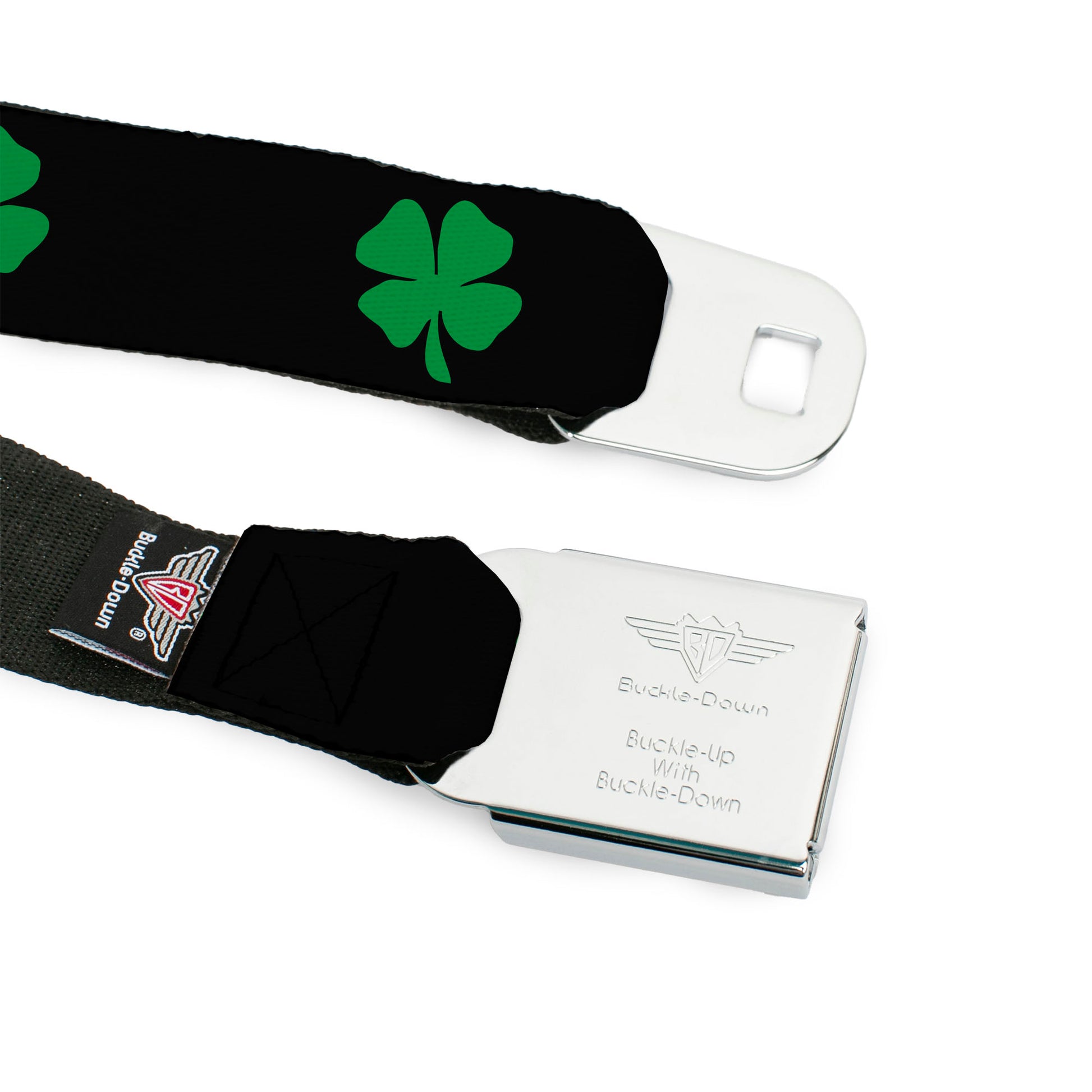 BD Wings Logo CLOSE-UP Full Color Black Silver Seatbelt Belt - St. Pat's Black/Green Webbing Seatbelt Belts Buckle-Down