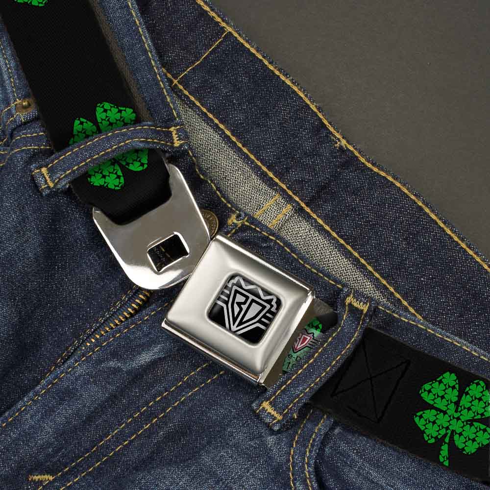 BD Wings Logo CLOSE-UP Full Color Black Silver Seatbelt Belt - St. Pat's Black/Clovers Webbing Seatbelt Belts Buckle-Down