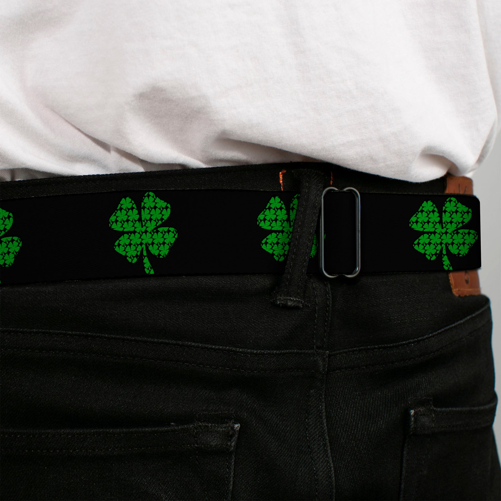 BD Wings Logo CLOSE-UP Full Color Black Silver Seatbelt Belt - St. Pat's Black/Clovers Webbing Seatbelt Belts Buckle-Down