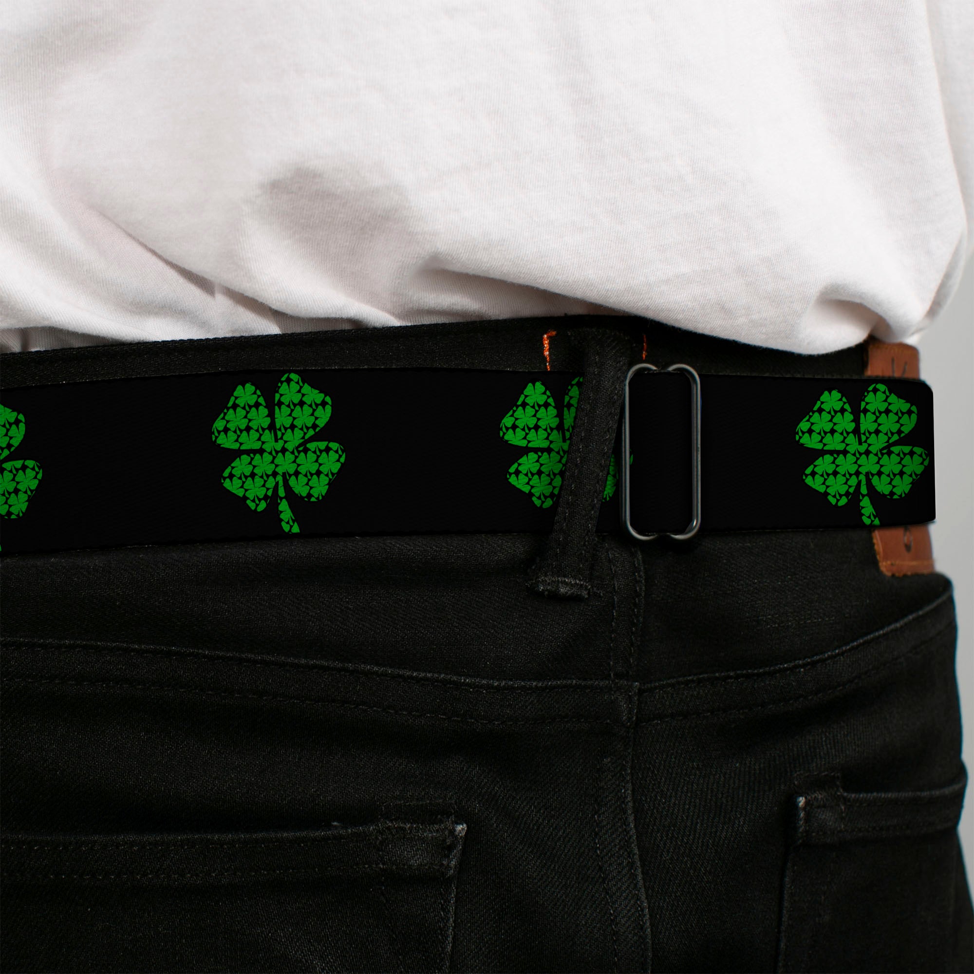 BD Wings Logo CLOSE-UP Full Color Black Silver Seatbelt Belt - St. Pat's Black/Clovers Webbing Seatbelt Belts Buckle-Down