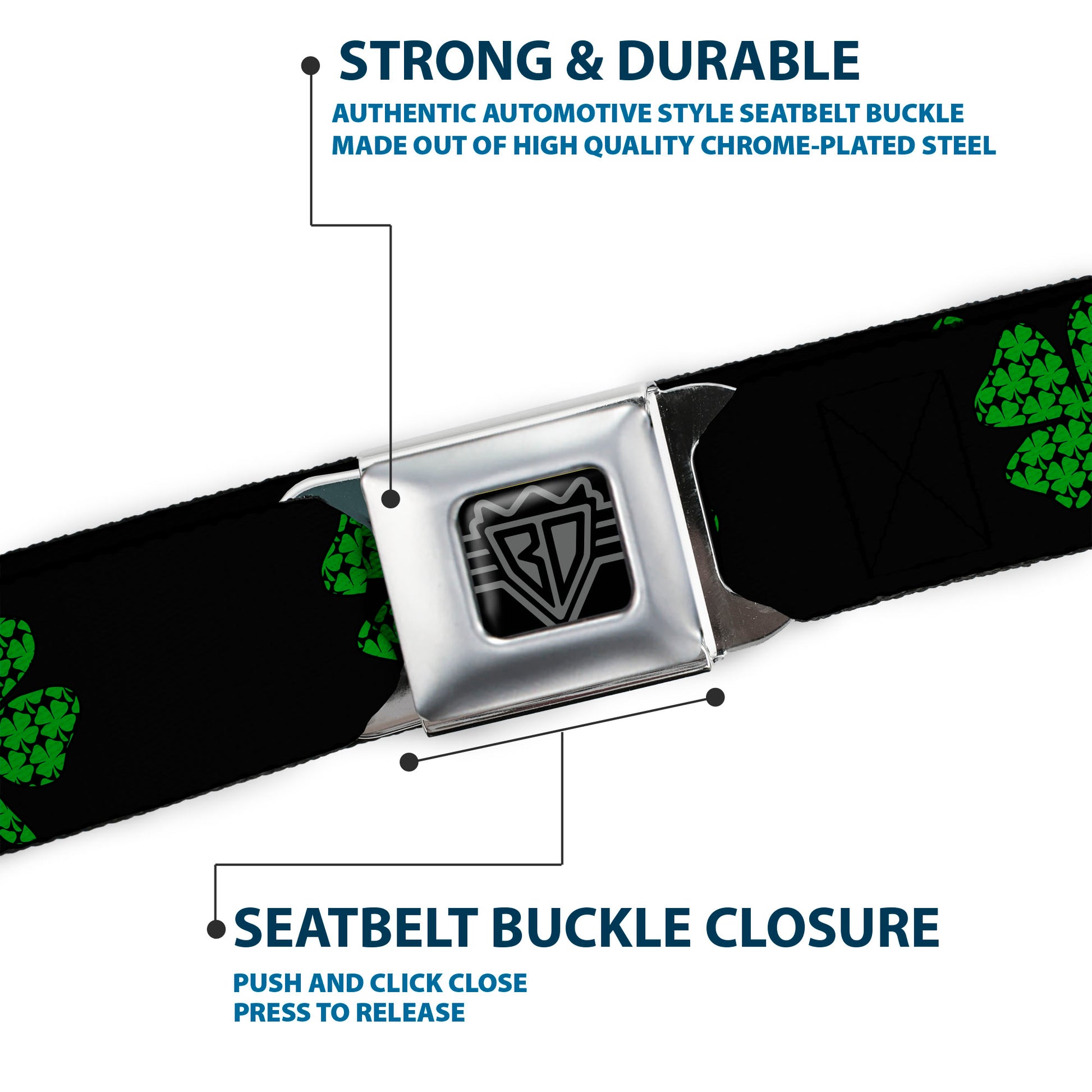 BD Wings Logo CLOSE-UP Full Color Black Silver Seatbelt Belt - St. Pat's Black/Clovers Webbing Seatbelt Belts Buckle-Down