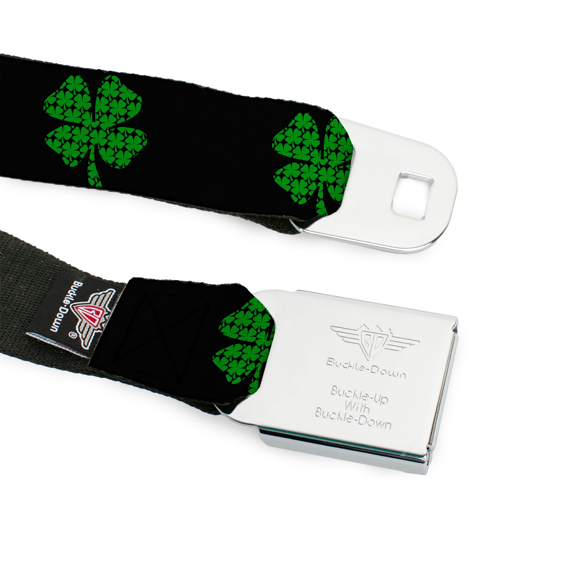 BD Wings Logo CLOSE-UP Full Color Black Silver Seatbelt Belt - St. Pat's Black/Clovers Webbing Seatbelt Belts Buckle-Down