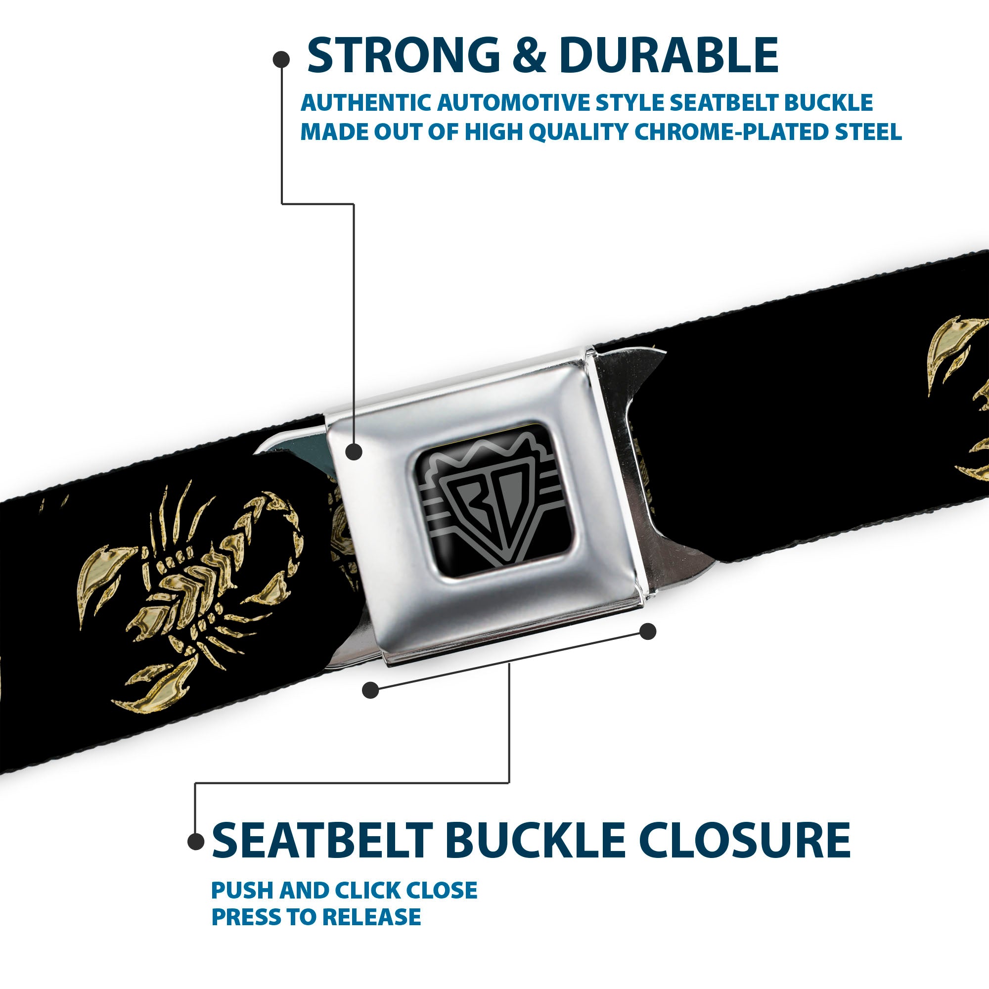 BD Wings Logo CLOSE-UP Full Color Black Silver Seatbelt Belt - Scorpion Webbing Seatbelt Belts Buckle-Down