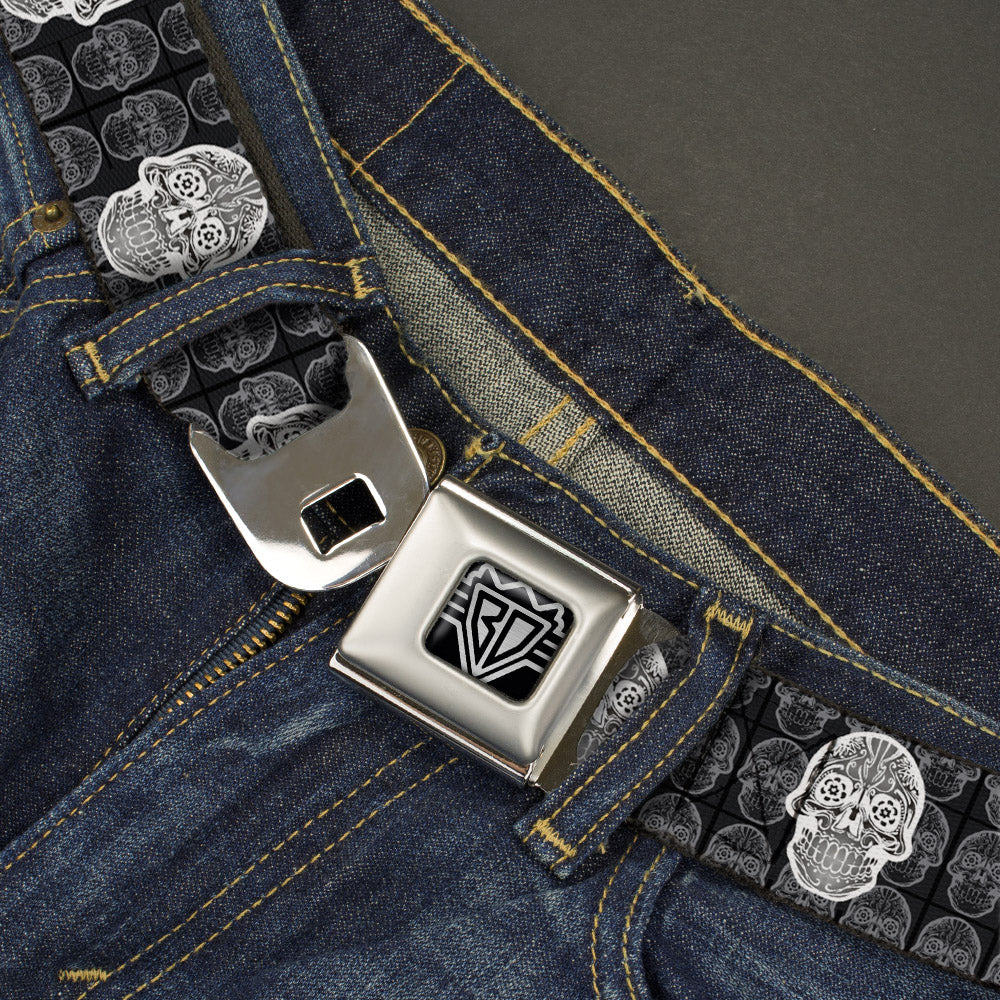 BD Wings Logo CLOSE-UP Full Color Black Silver Seatbelt Belt - Skull Candy Black/Gray/White Webbing Seatbelt Belts Buckle-Down