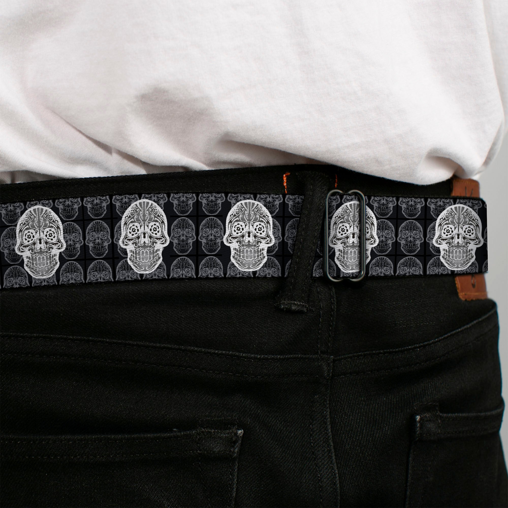 BD Wings Logo CLOSE-UP Full Color Black Silver Seatbelt Belt - Skull Candy Black/Gray/White Webbing Seatbelt Belts Buckle-Down