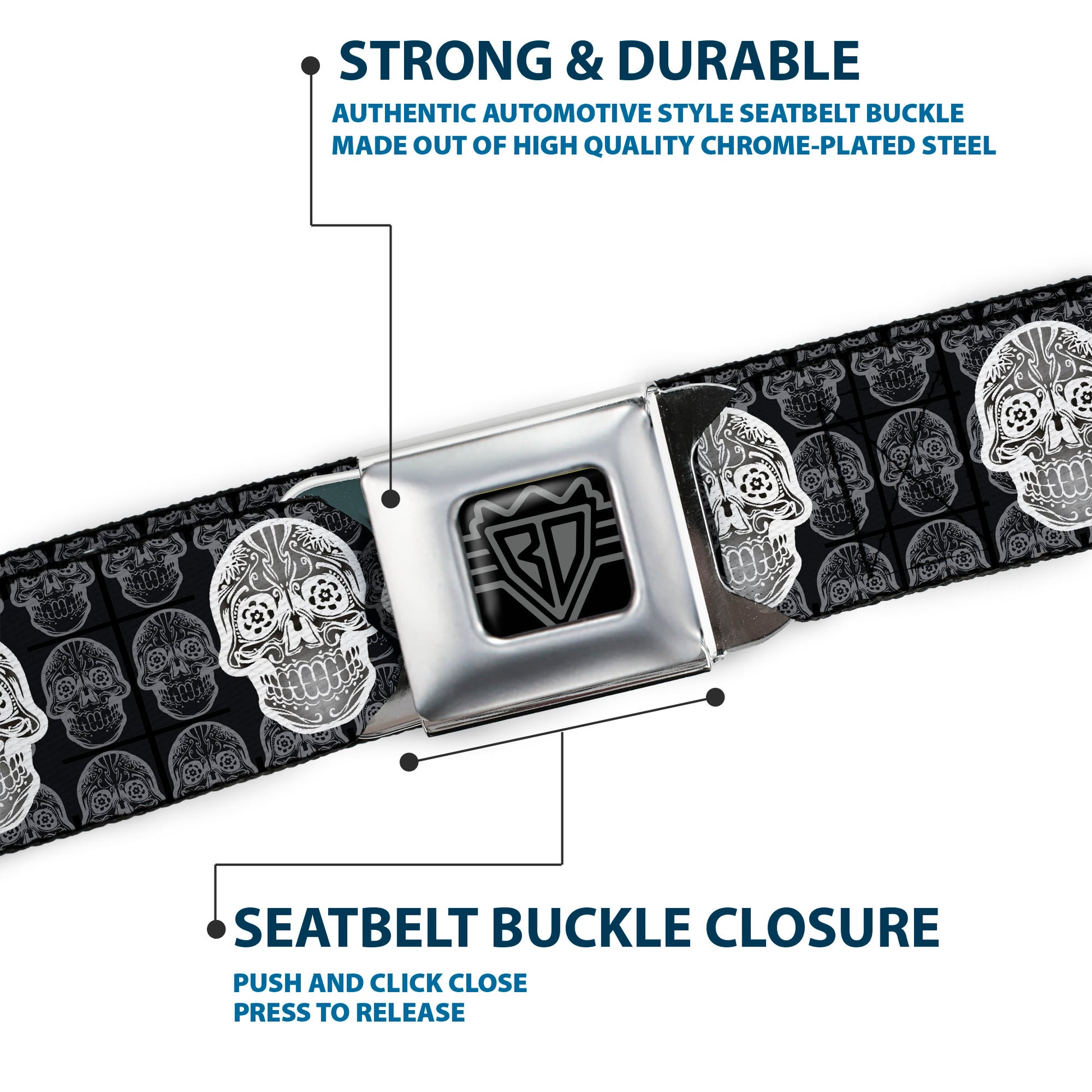 BD Wings Logo CLOSE-UP Full Color Black Silver Seatbelt Belt - Skull Candy Black/Gray/White Webbing Seatbelt Belts Buckle-Down