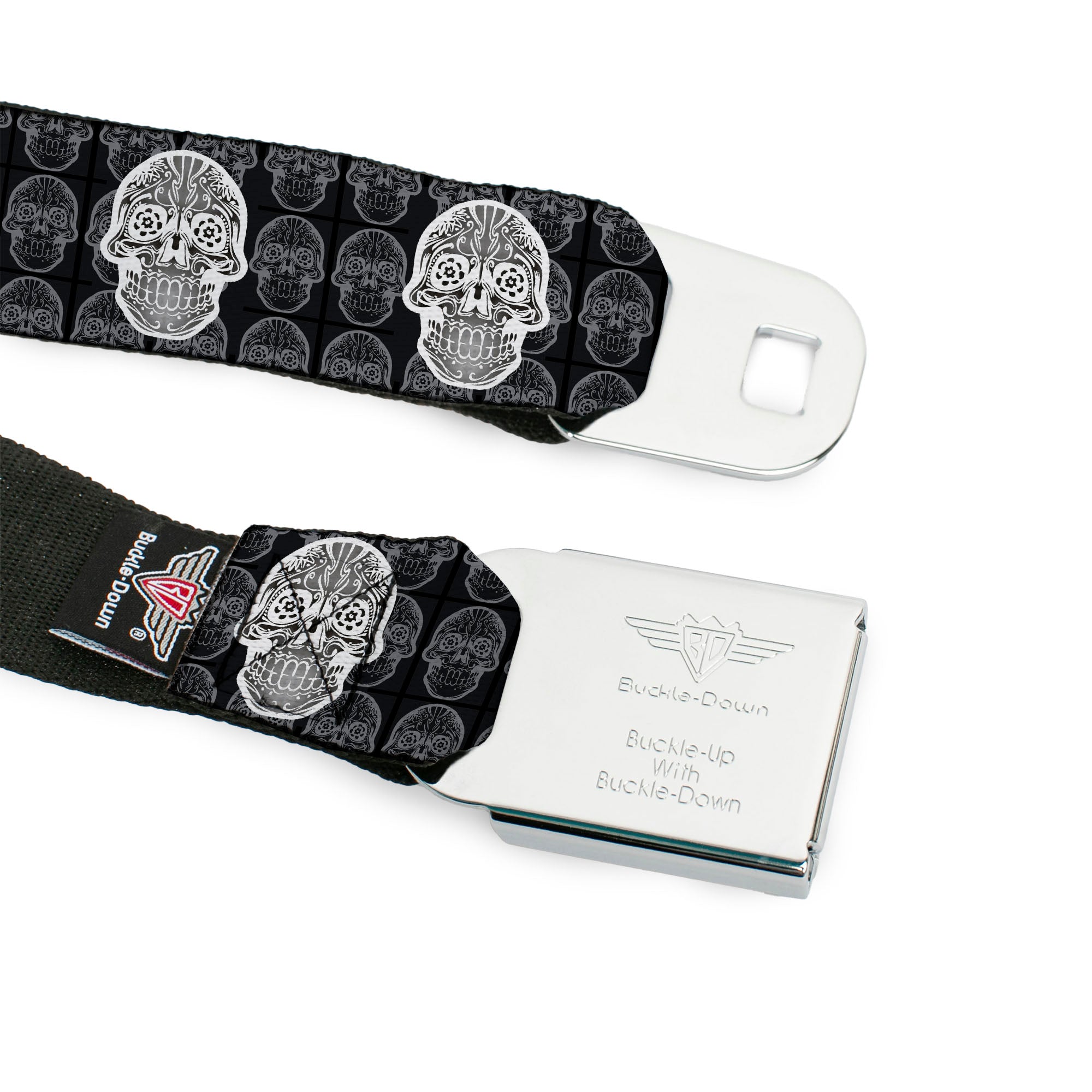 BD Wings Logo CLOSE-UP Full Color Black Silver Seatbelt Belt - Skull Candy Black/Gray/White Webbing Seatbelt Belts Buckle-Down